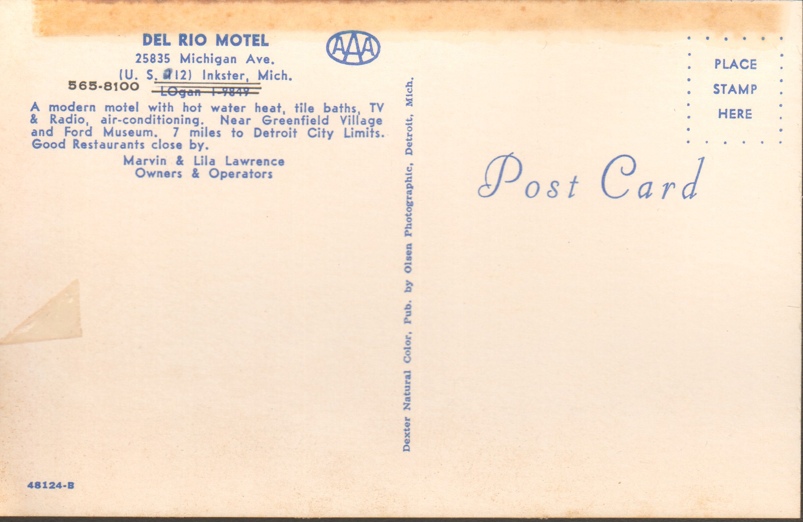postcard back 48124-B - Del Rio Motel - Inkster, Mich
