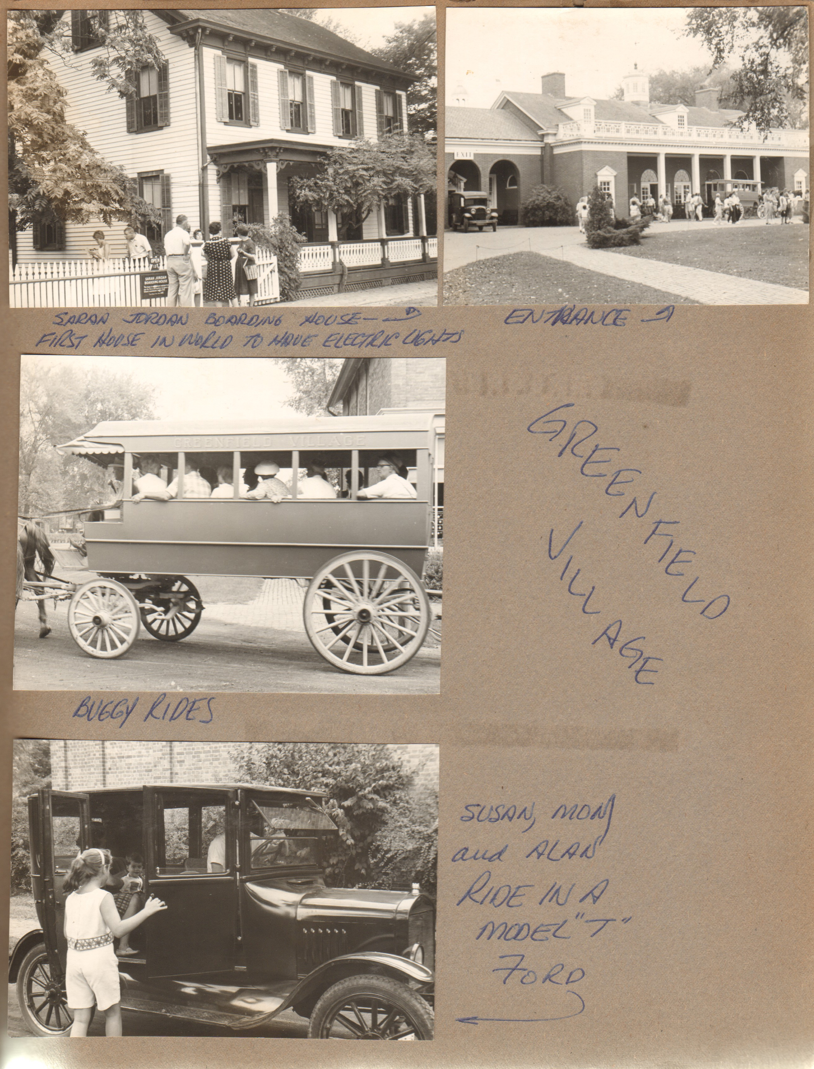 Greenfield Village - Detroit, MI - Sarah Jordan boarding house. buggy rides, Susan, Rosemary and Alan ride in Model T Ford.