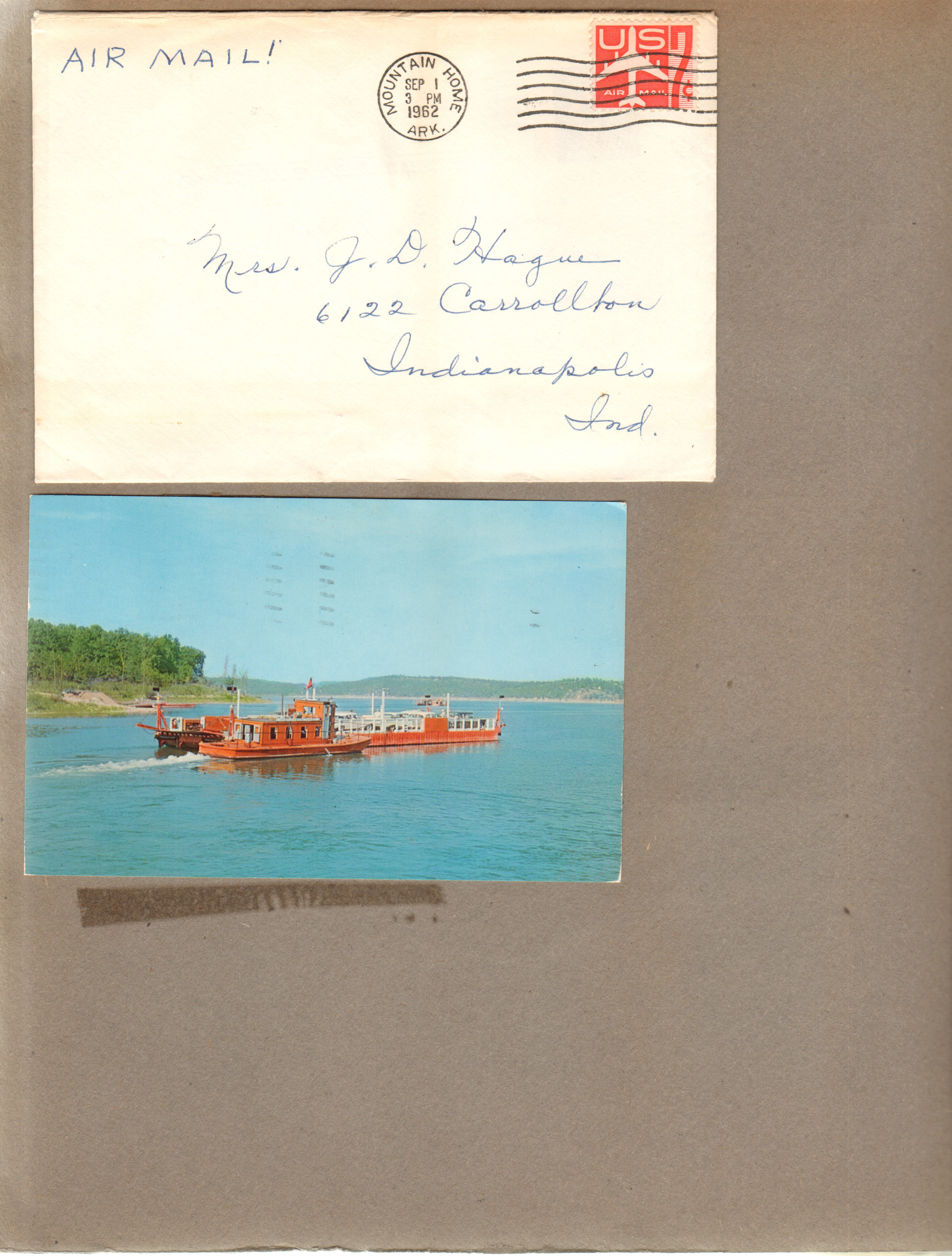 Air Mail letter to Rosemary. Postcard - Ozark Playground Series - Free Ferry Norfolk Lake