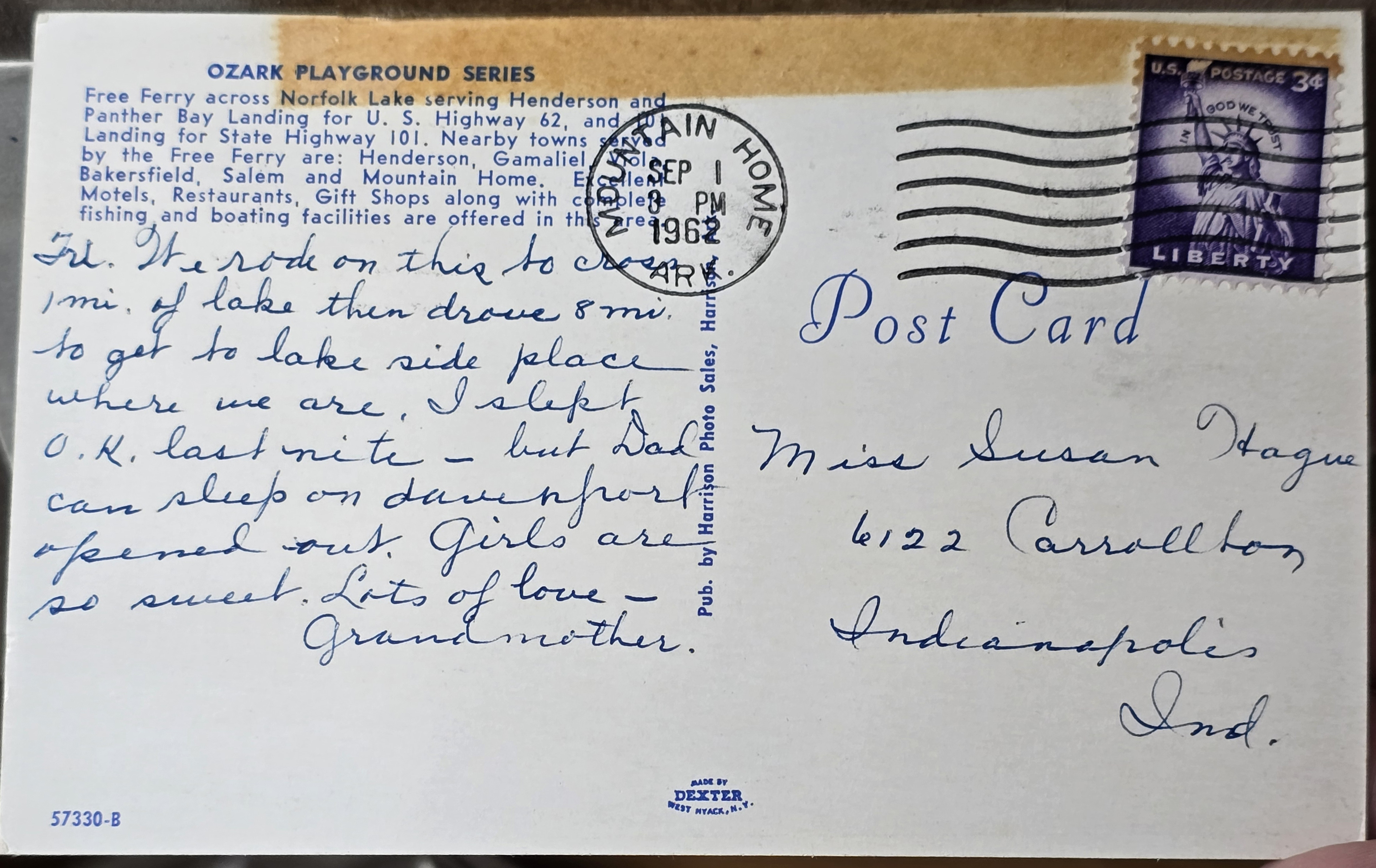 Postcard back 57330-B - Ozark Playground Series - Free Ferry Norfolk Lake