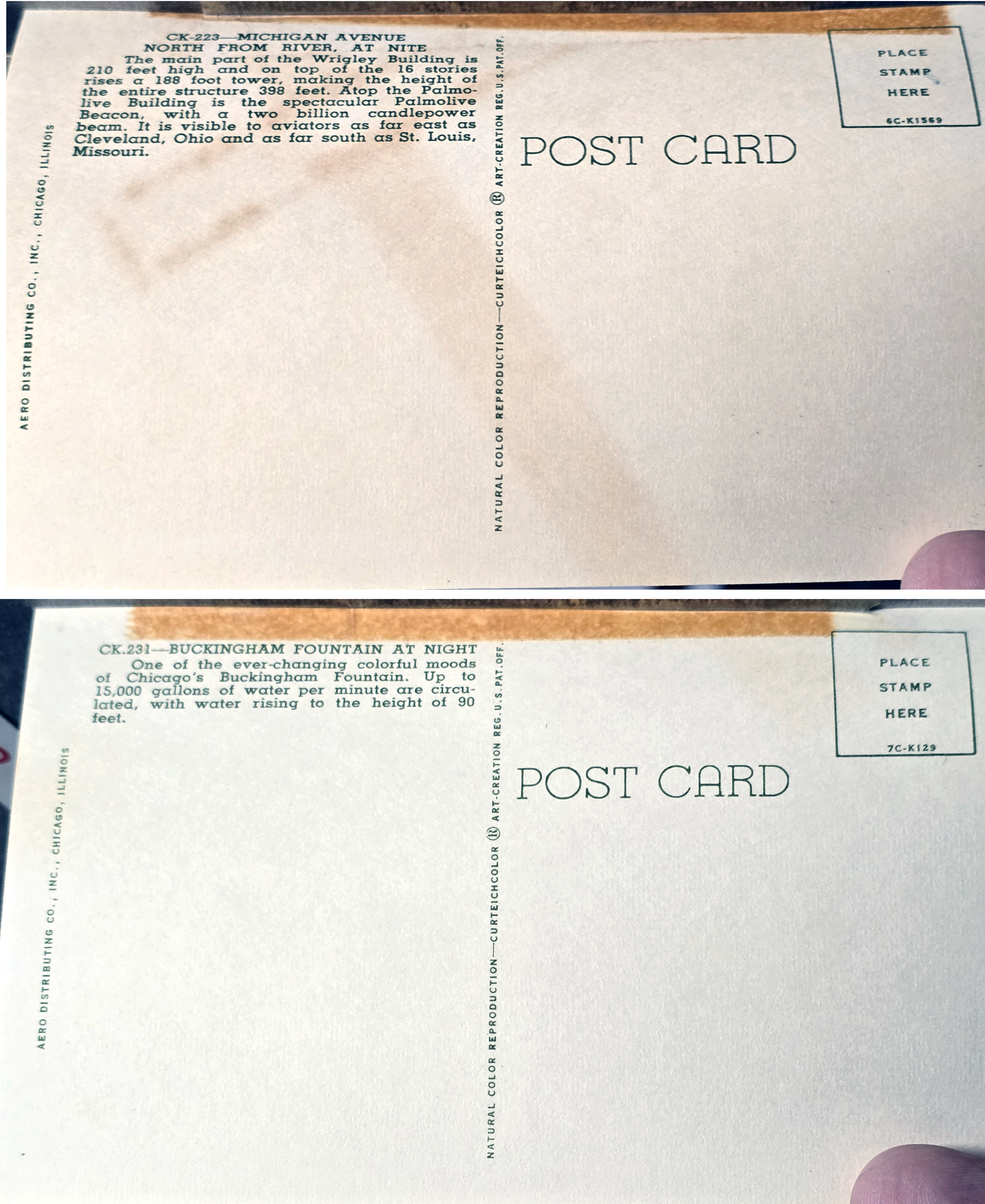 Chicago - postcard backs - CK-223 6C-K1569 Michigan Avenue North. CK.231 7C-K129 Buckingham Fountain at Night