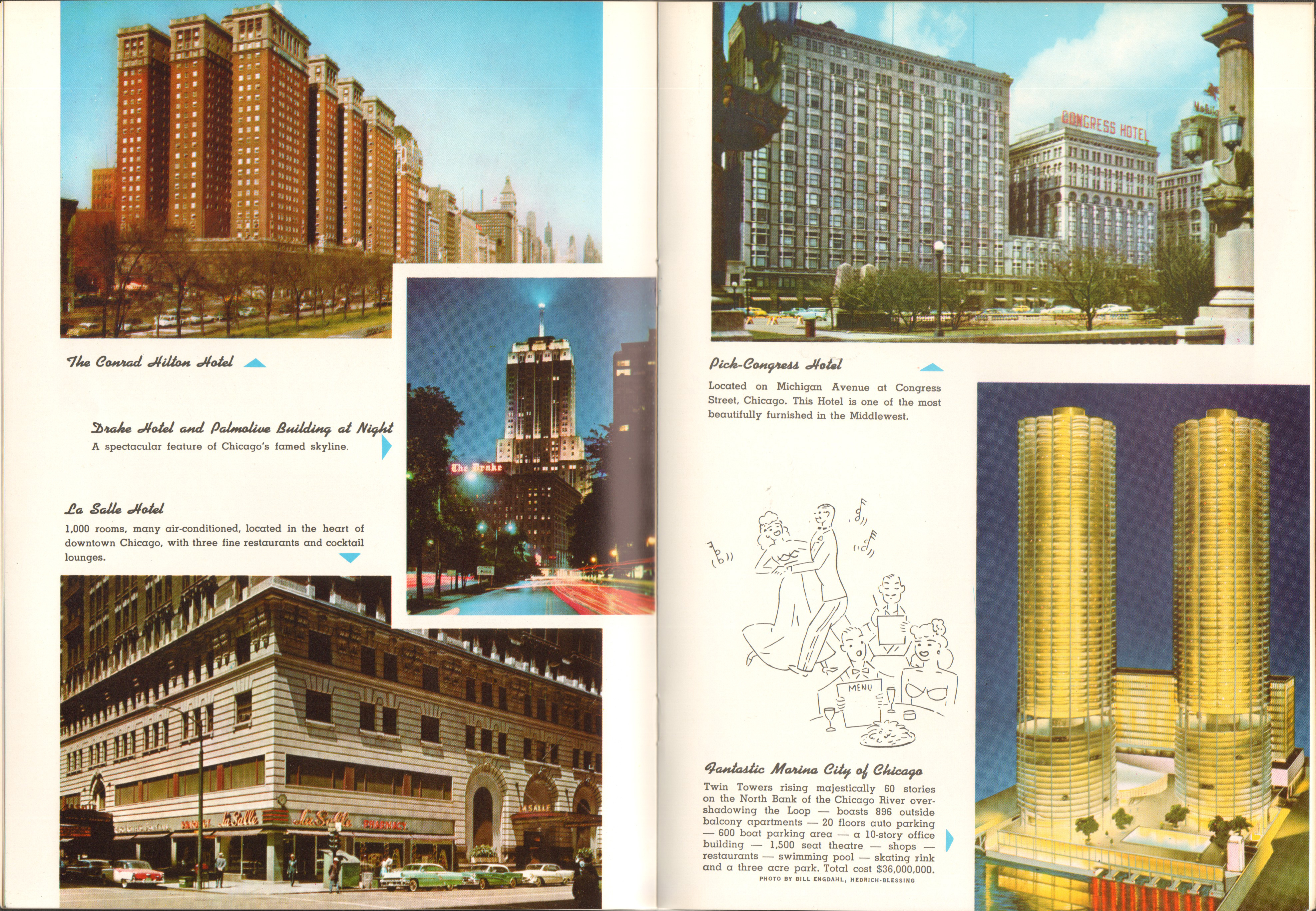 Chicago in full color booklet - Conrad Hilton, Drake, La Salle, Pick-Congress, Marina City