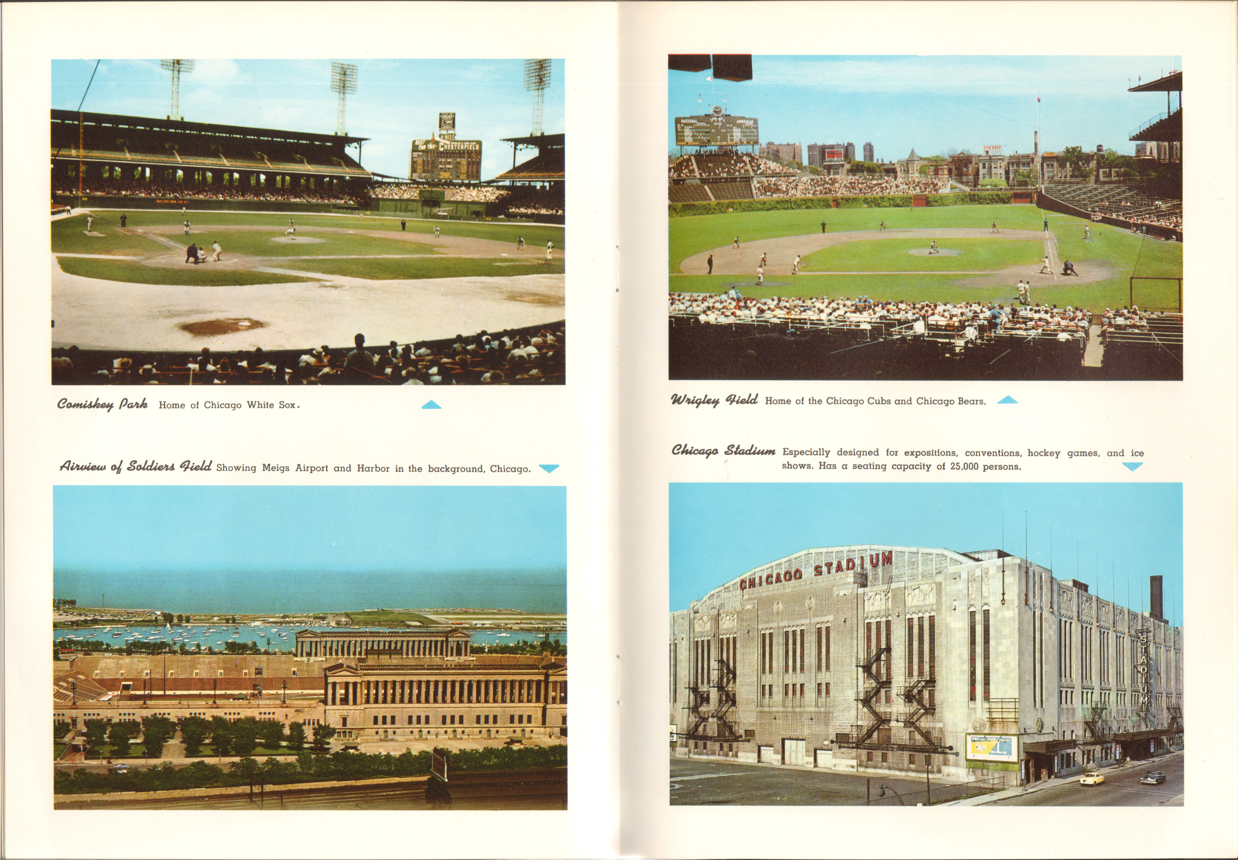 Chicago in full color booklet - Comiskey Park, Soldiers Field, Wrigley Field, Chicago Stadium