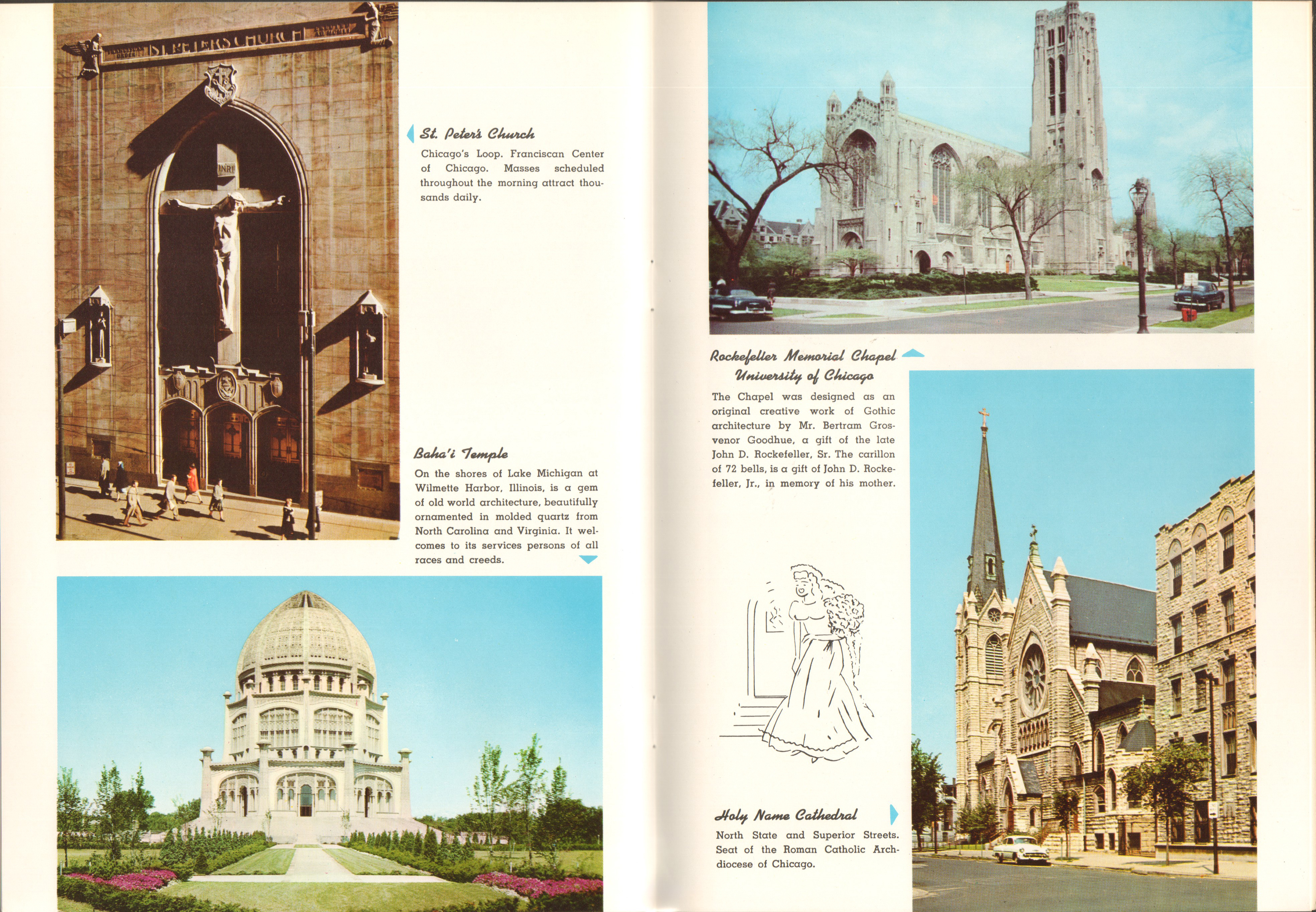 Chicago in full color booklet - St Peter's, Baha'i Temple, Rockefeller Chapel, Holy Name.