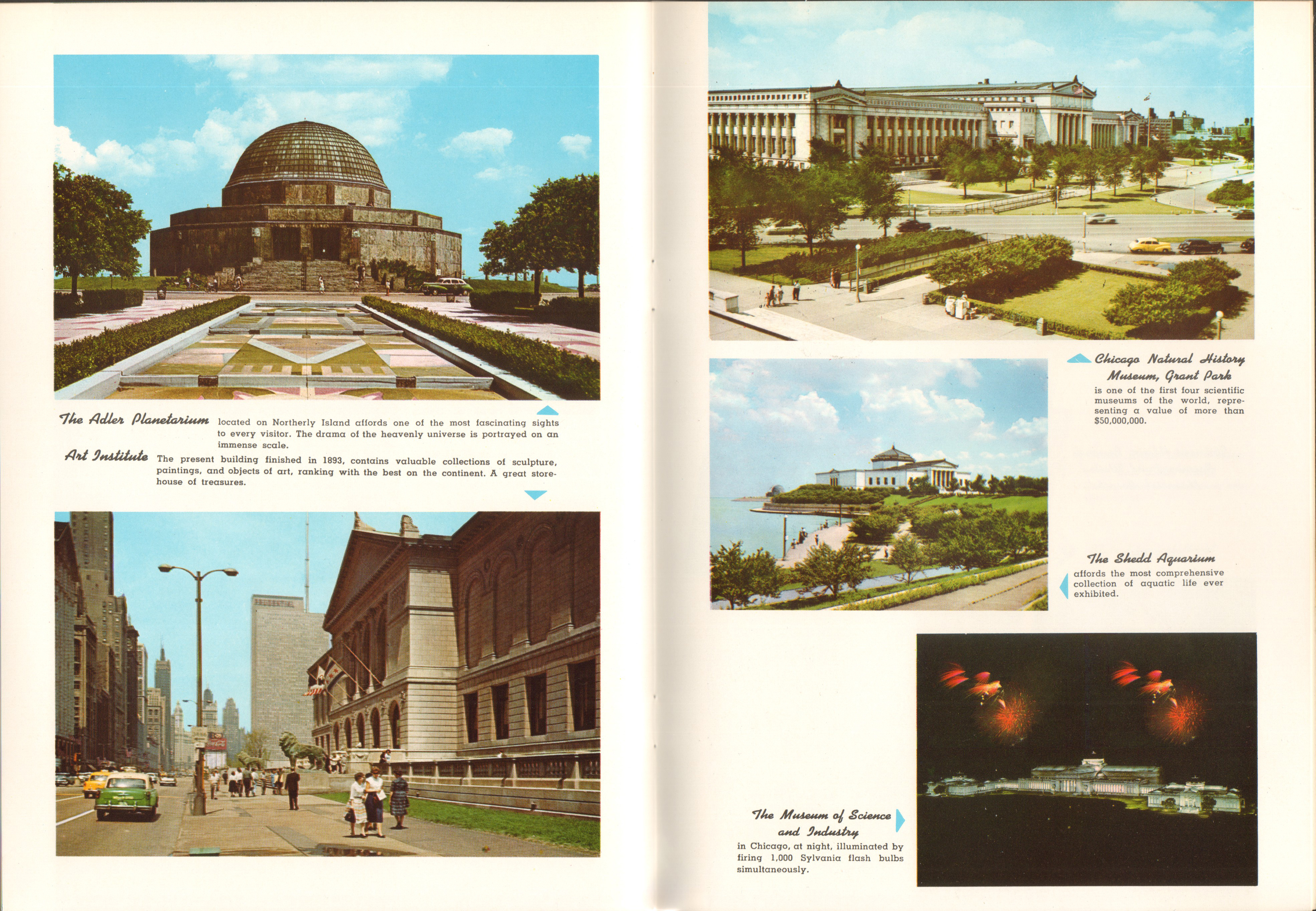 Chicago in full color booklet - Adler Planetarium, Art Institute, Natural History, Shedd Aquarium, Museum of Science and Industry.