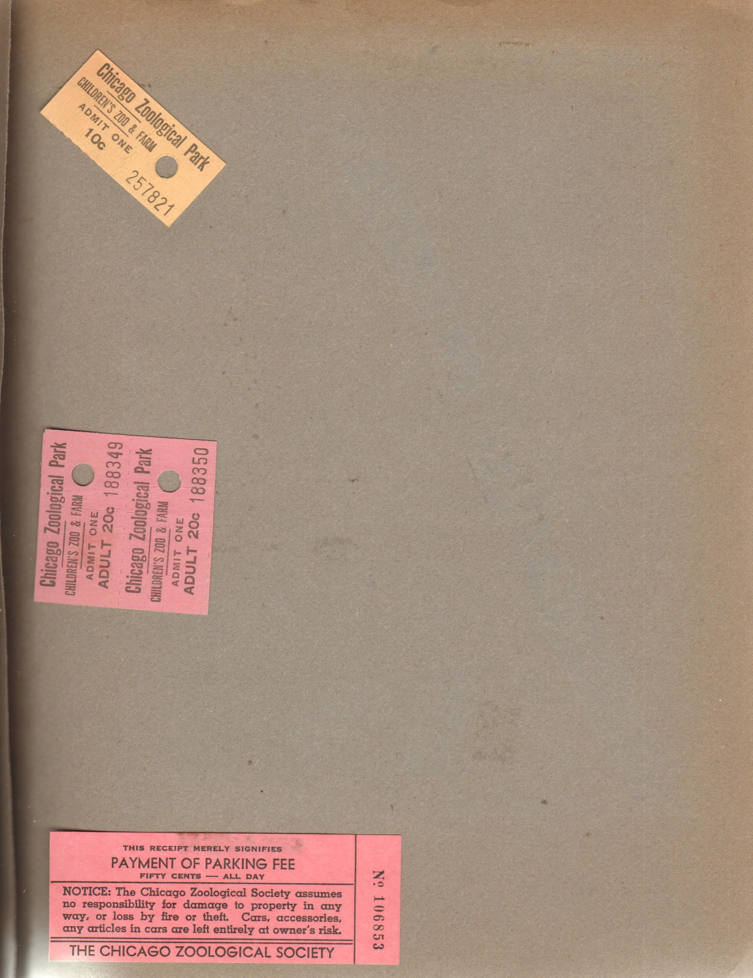 Chicago Zoological Park ticket stubs