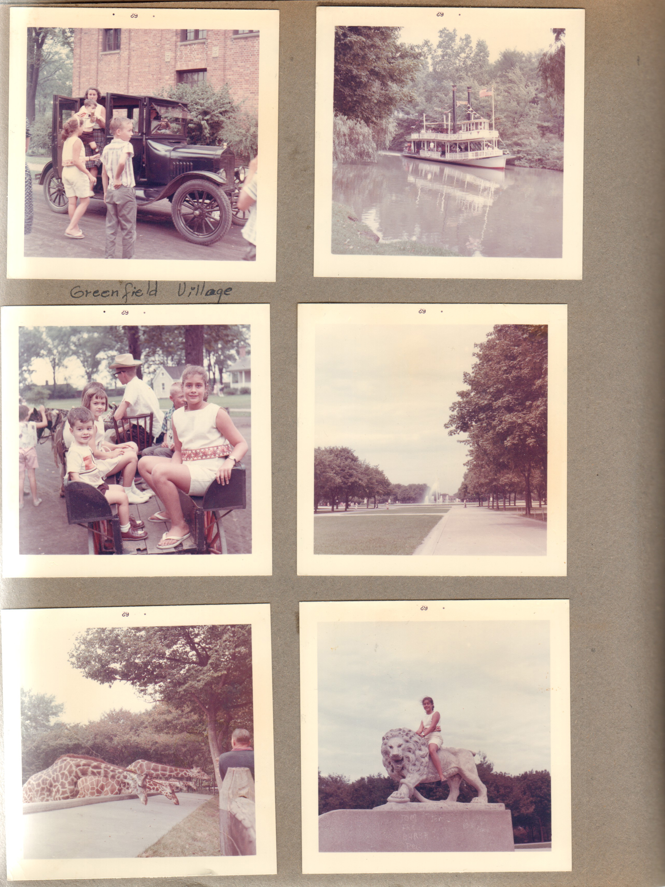 Greenfield Village - Detroit, MI - Model T ride. Steamer boat. Alan and Susan on cart. Susan on lion statue.