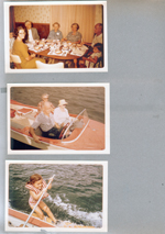 Cindy, Helen, Mink, Vonnie, Libby, Curt, Carole at dinner. Boat ride Curt. Cindy skiing.