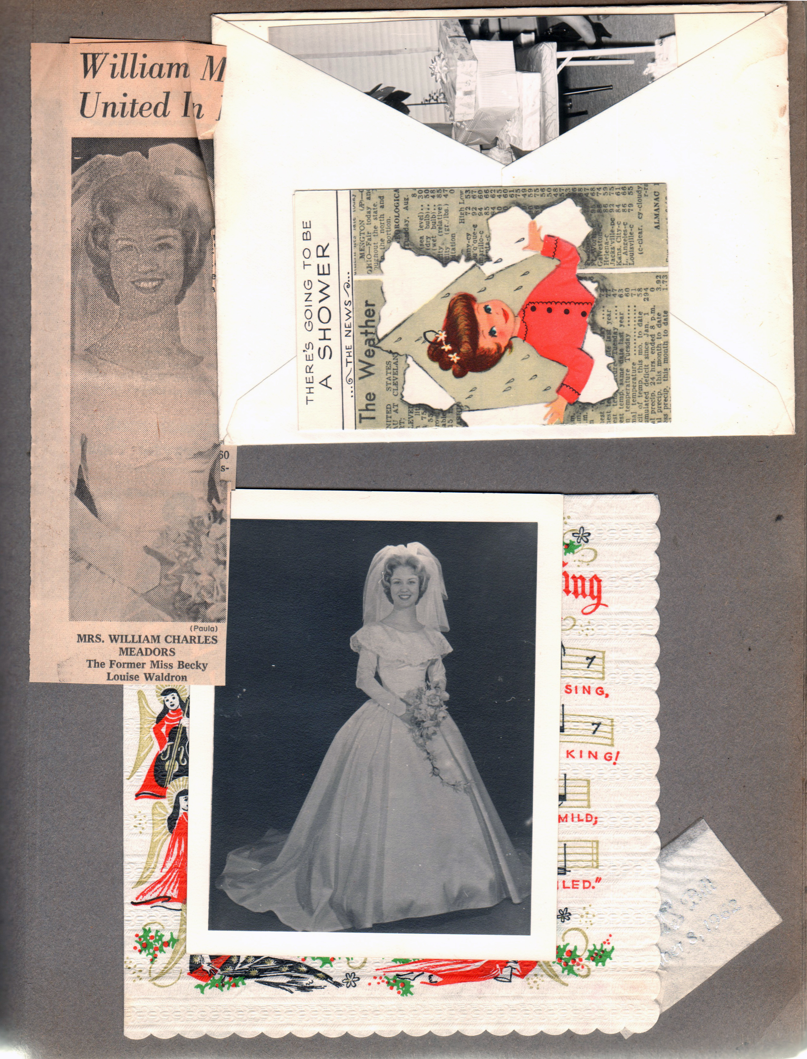 Newspaper clipping Becky Waldron wedding. Shower invitation. 