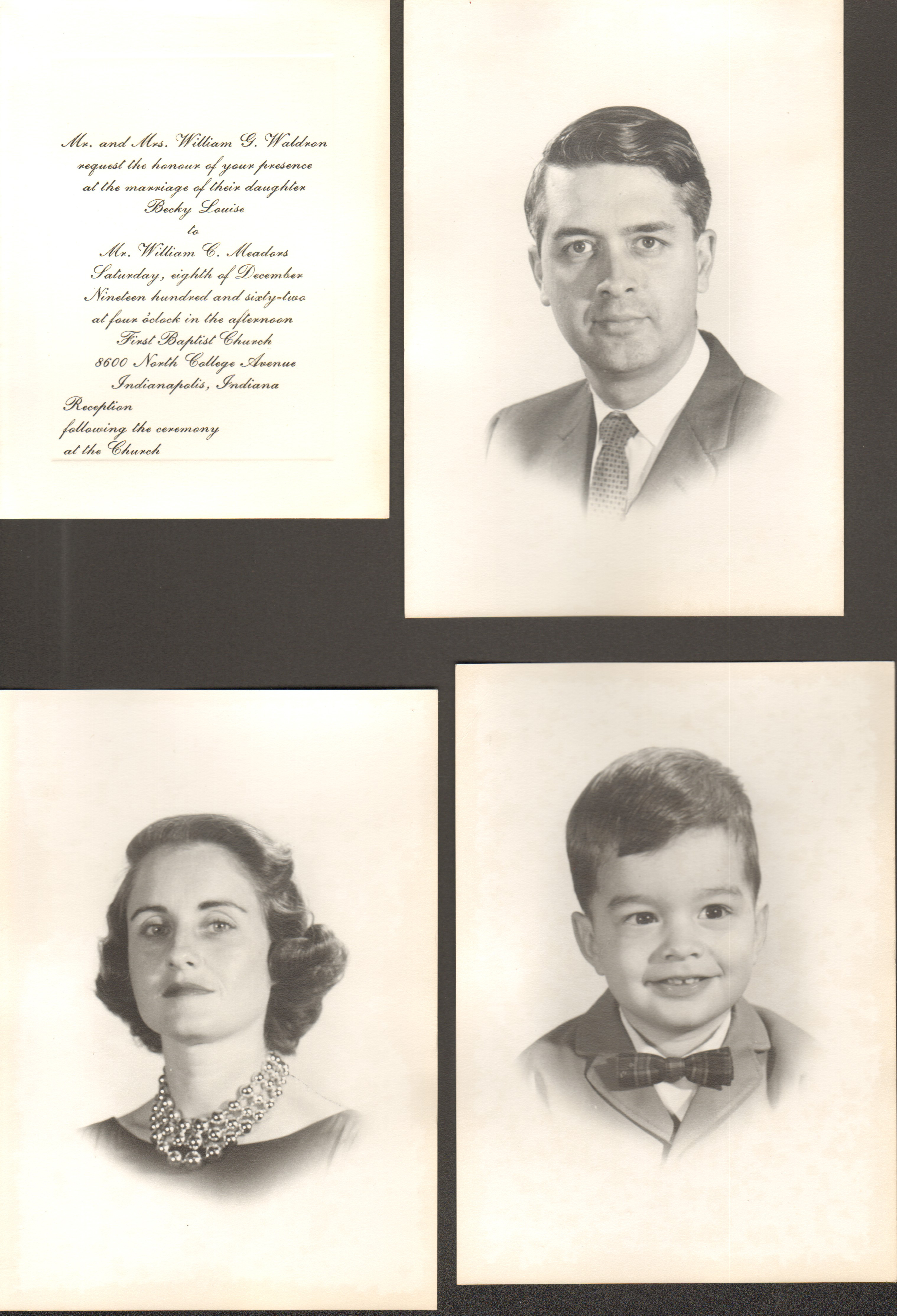 Becky Waldron wedding invitation. Portraits - Alan, Rosemary and John