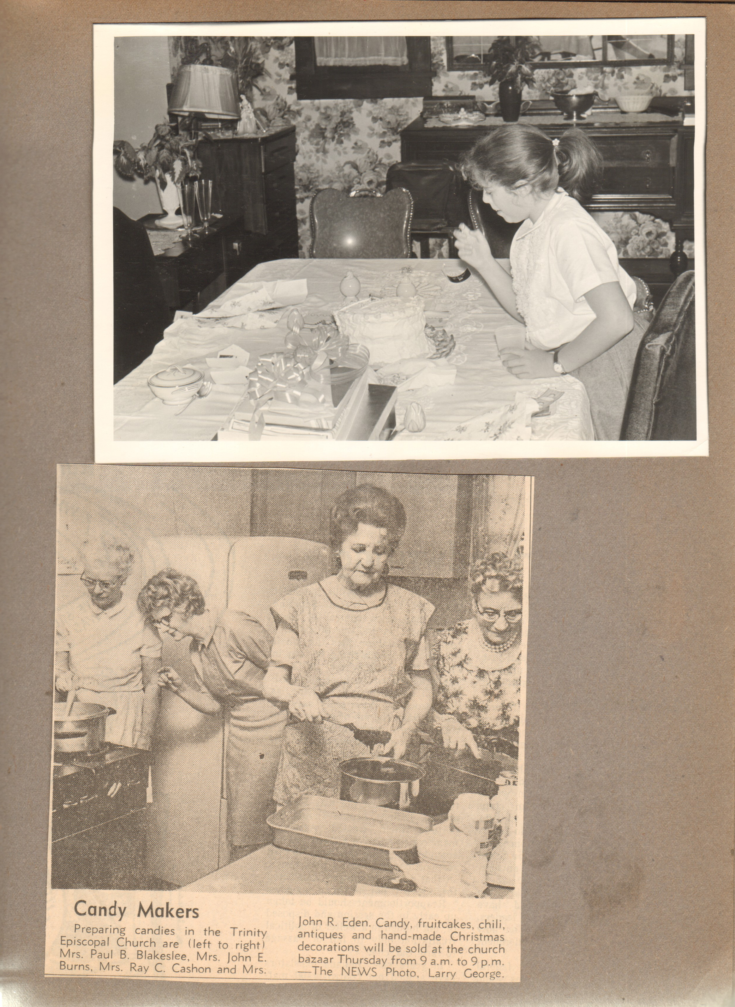 3845 Capitol - Betty's birthday - Susan at dining room table. Newspaper clipping - candy makers Mrs Paul Blakeslee