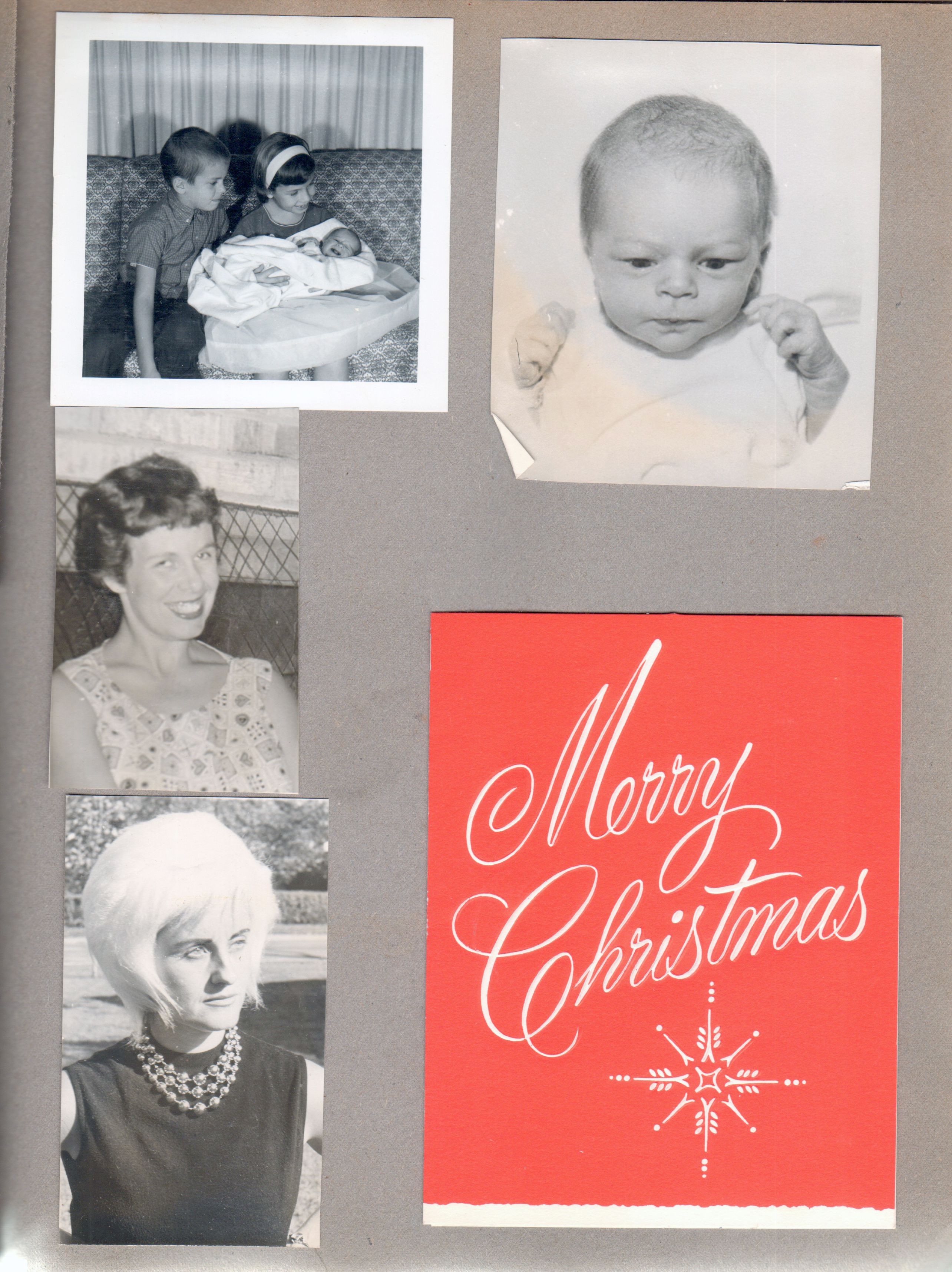 Eddie, Karen with baby Mary. Patty Hague. Rosemary with white wig. Christmas card
