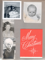 Eddie, Karen with baby Mary. Patty Hague. Rosemary with white wig. Christmas card