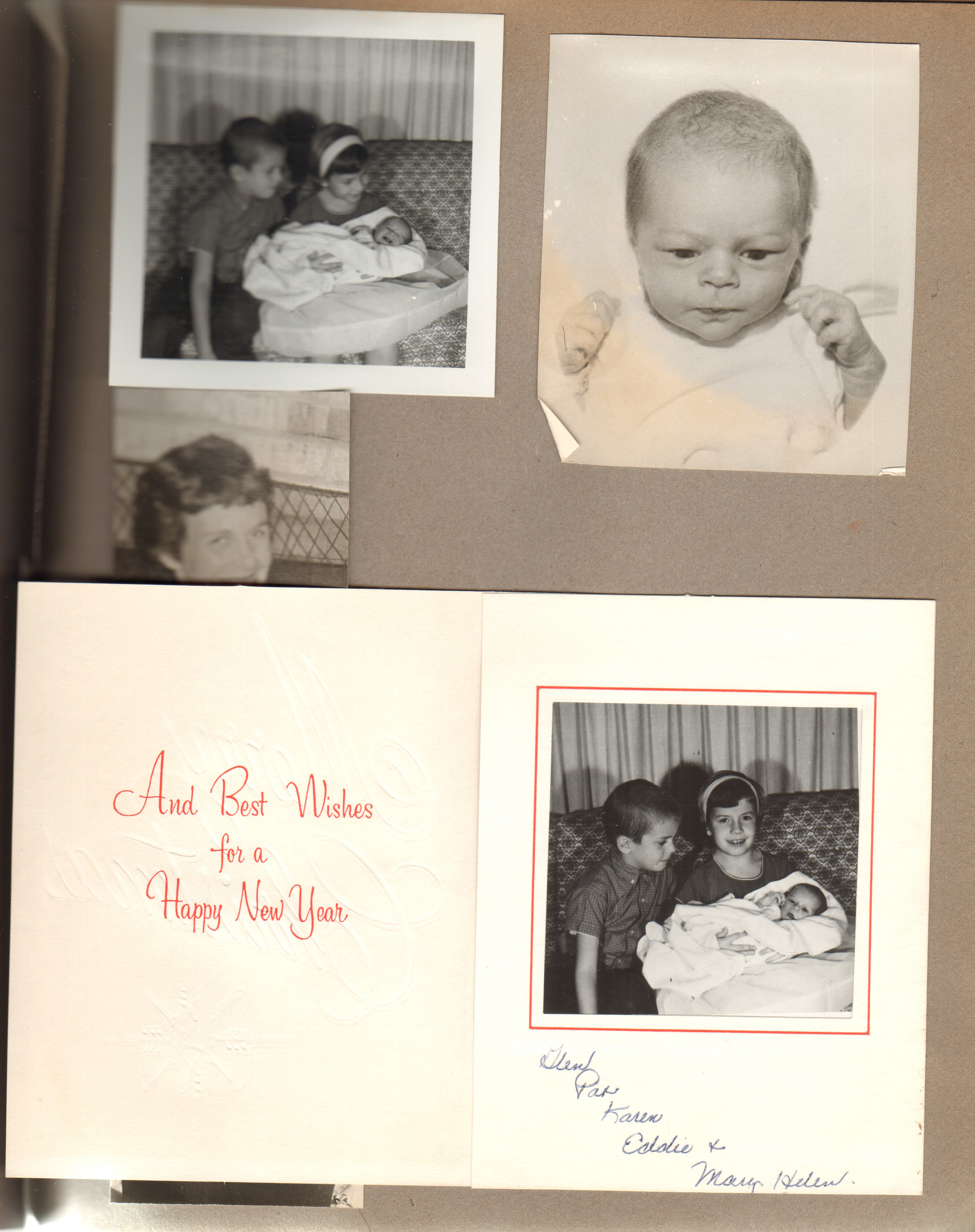 Christmas card open with photo of Eddie, Karen with baby Mary