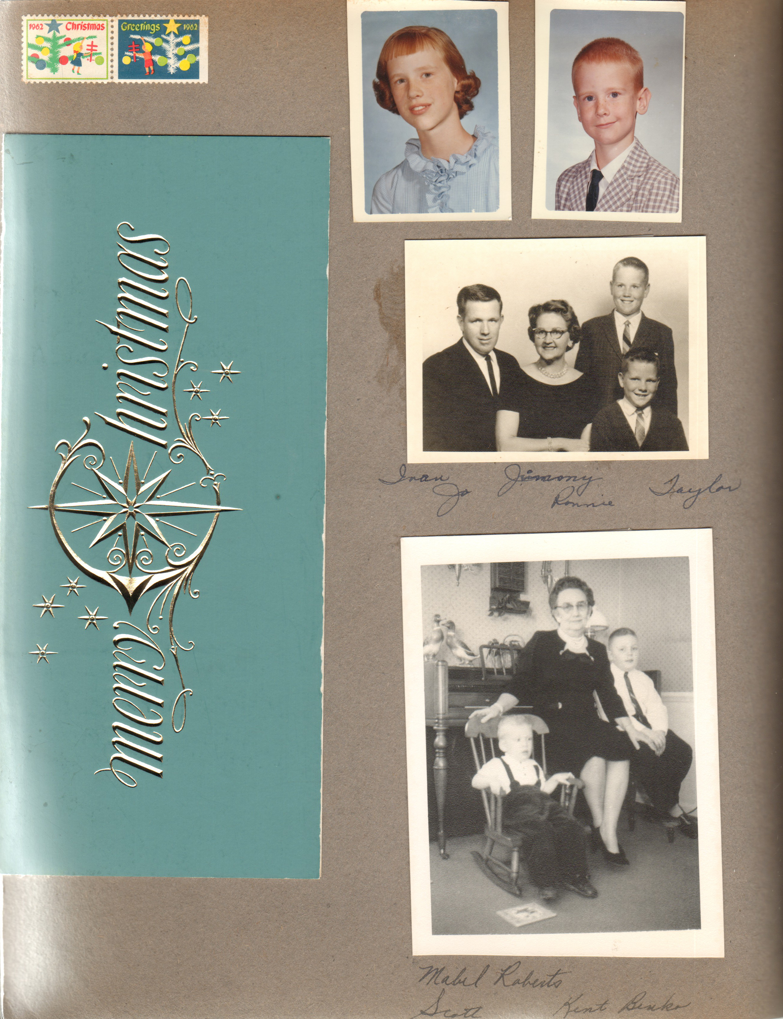 1962 Christmas seals. Ivan, Jo, Jimmy, and Ronnie Taylor. Mabel Roberts, Scott and Kent Benko.