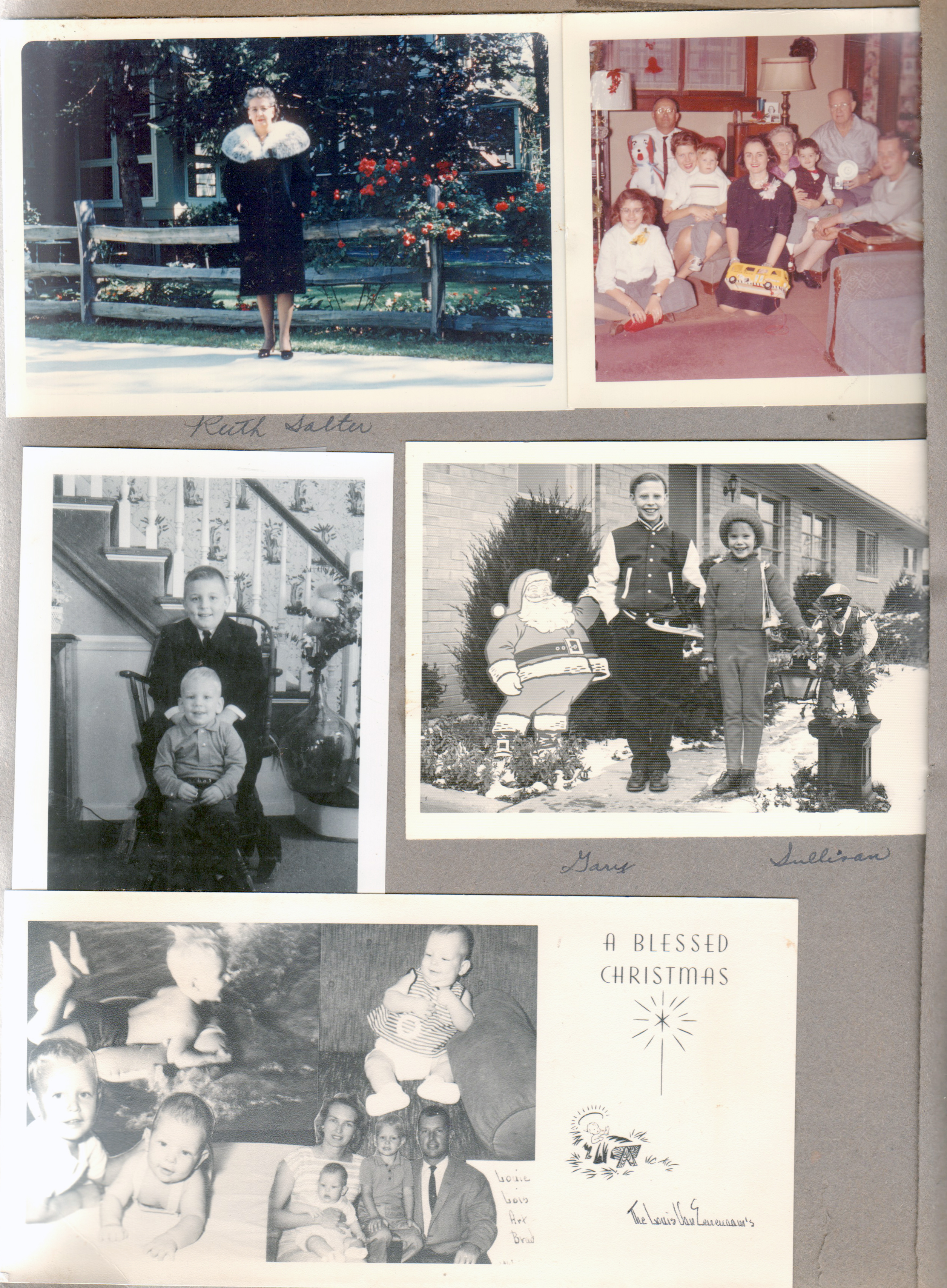 Ruth Salter. at 3845 Susan, Warren, Betty, Ronnie, Rosemary, Vonnie, Alan, Curt, Dave. Christmas photo - Gary and Sullivan (?). Christmas card - The VanEenenaams - Louis, Lois, Art, Brad.