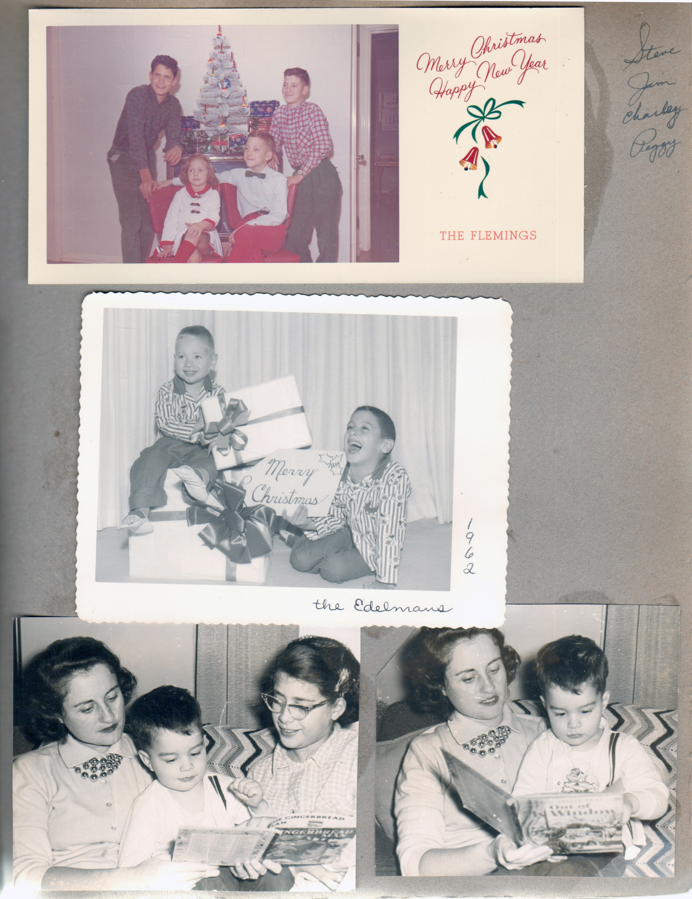 Christmas card - The Flemings - Steve, Jim, Charley, Peggy. Christmas card - The Edelmans, Rosemary, Alan and Susan reading The Gingerbread Man