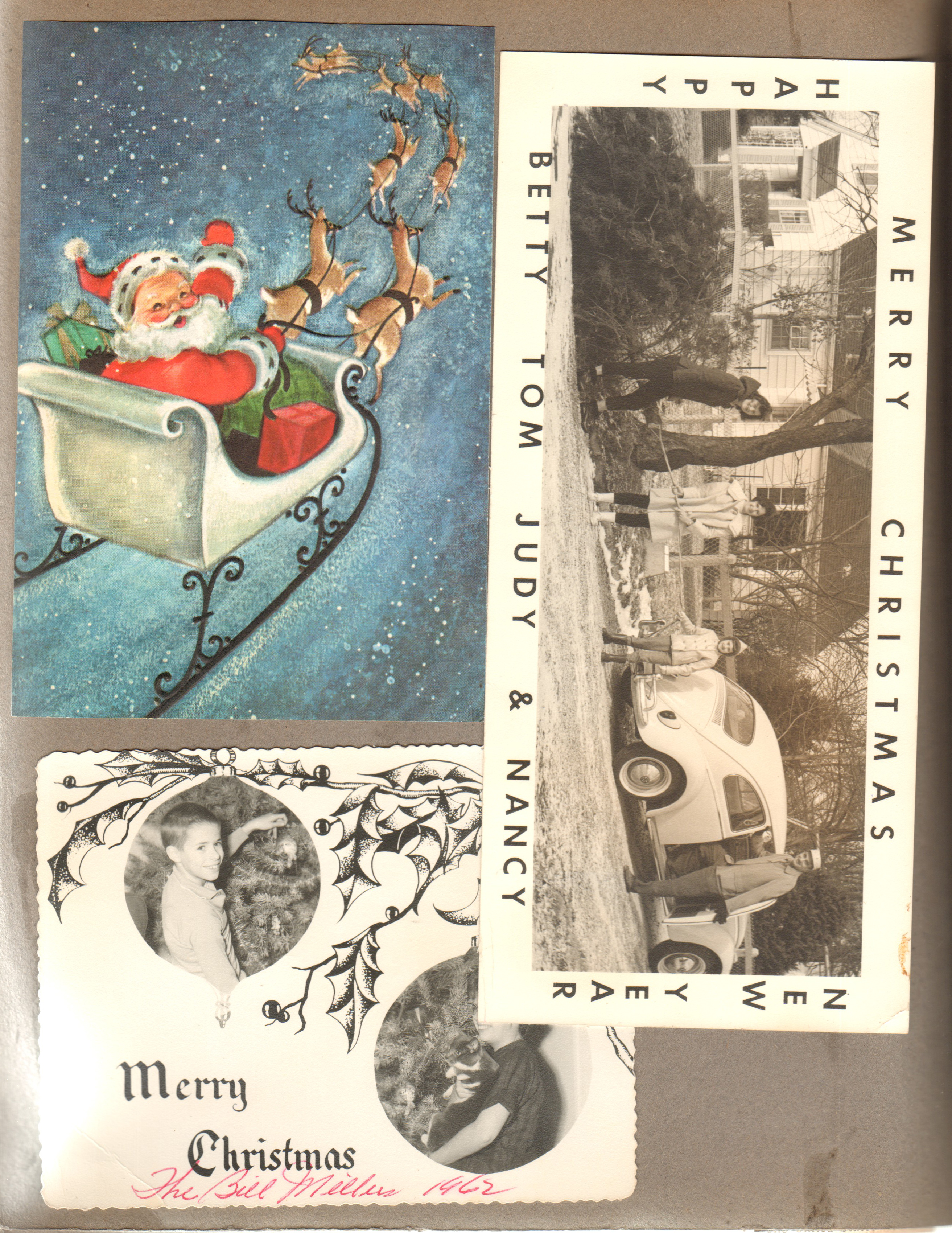 Christmas card - Santa and sleigh. Christmas card - Betty Tom Judy & Nancy. Christmas card - The Bill Millers