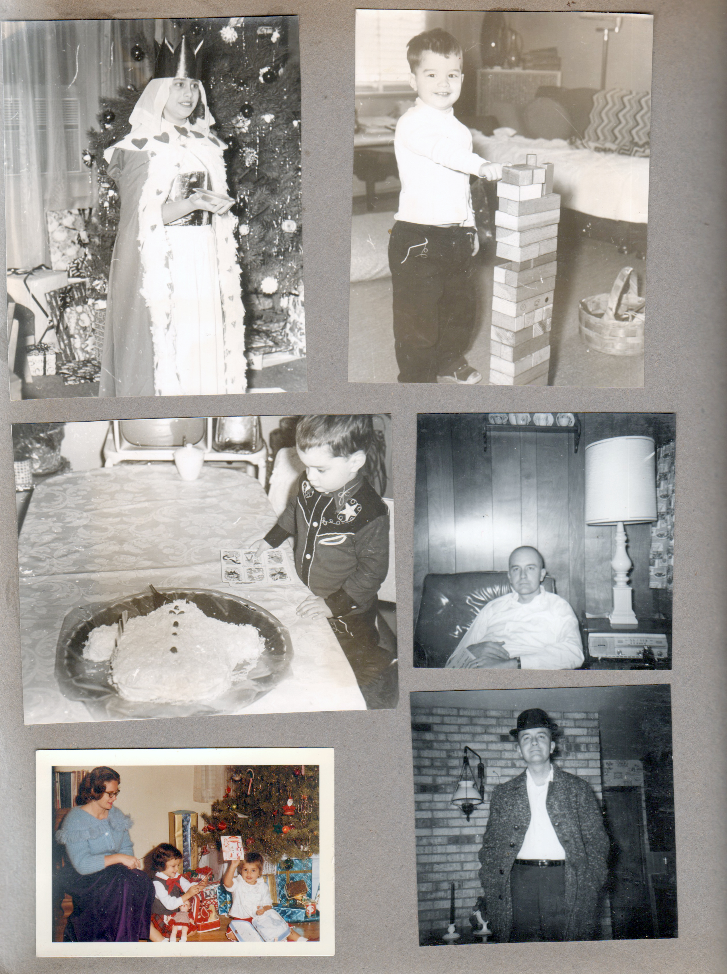 Christmas at 3845 Capitol - Susan is the Christmas Queen. 6122 - Alan building tower. 6122 kitchen Alan with snowman cake. Glen. Helen, Cindy, Carole opening gifts. Glen with bowler hat