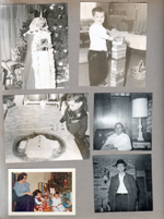 Christmas at 3845 Capitol - Susan is the Christmas Queen. 6122 - Alan building tower. 6122 kitchen Alan with snowman cake. Glen. Helen, Cindy, Carole opening gifts. Glen with bowler hat