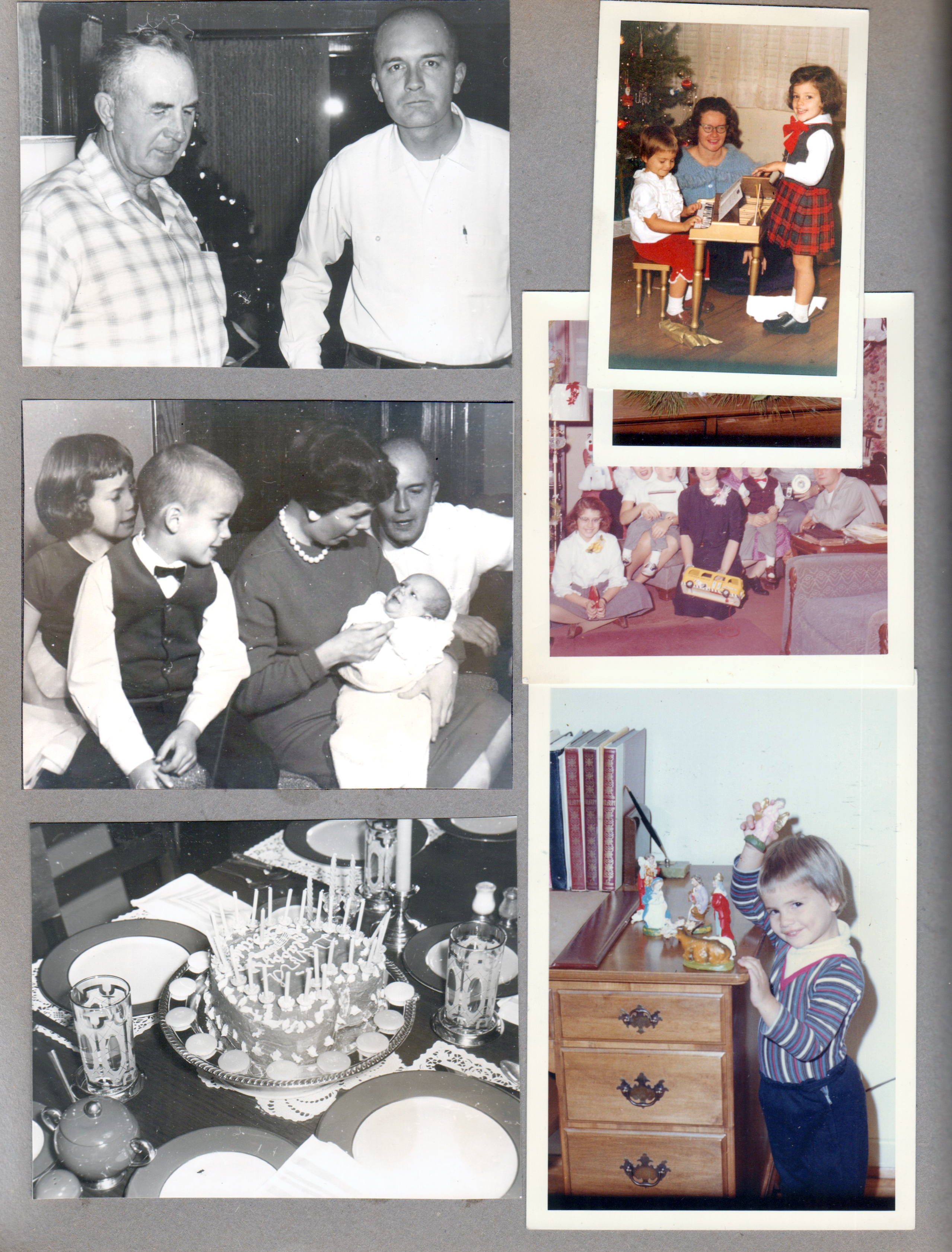 Girstle and Glen Hague. Carole, Helen and Cindy Morgan. Karen, Eddie, Pat, Glen and Mary Hague. David Letsinger's birthday cake at 6122. Carole with creche figures.