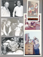Girstle and Glen Hague. Carole, Helen and Cindy Morgan. Karen, Eddie, Pat, Glen and Mary Hague. David Letsinger's birthday cake at 6122. Carole with creche figures.