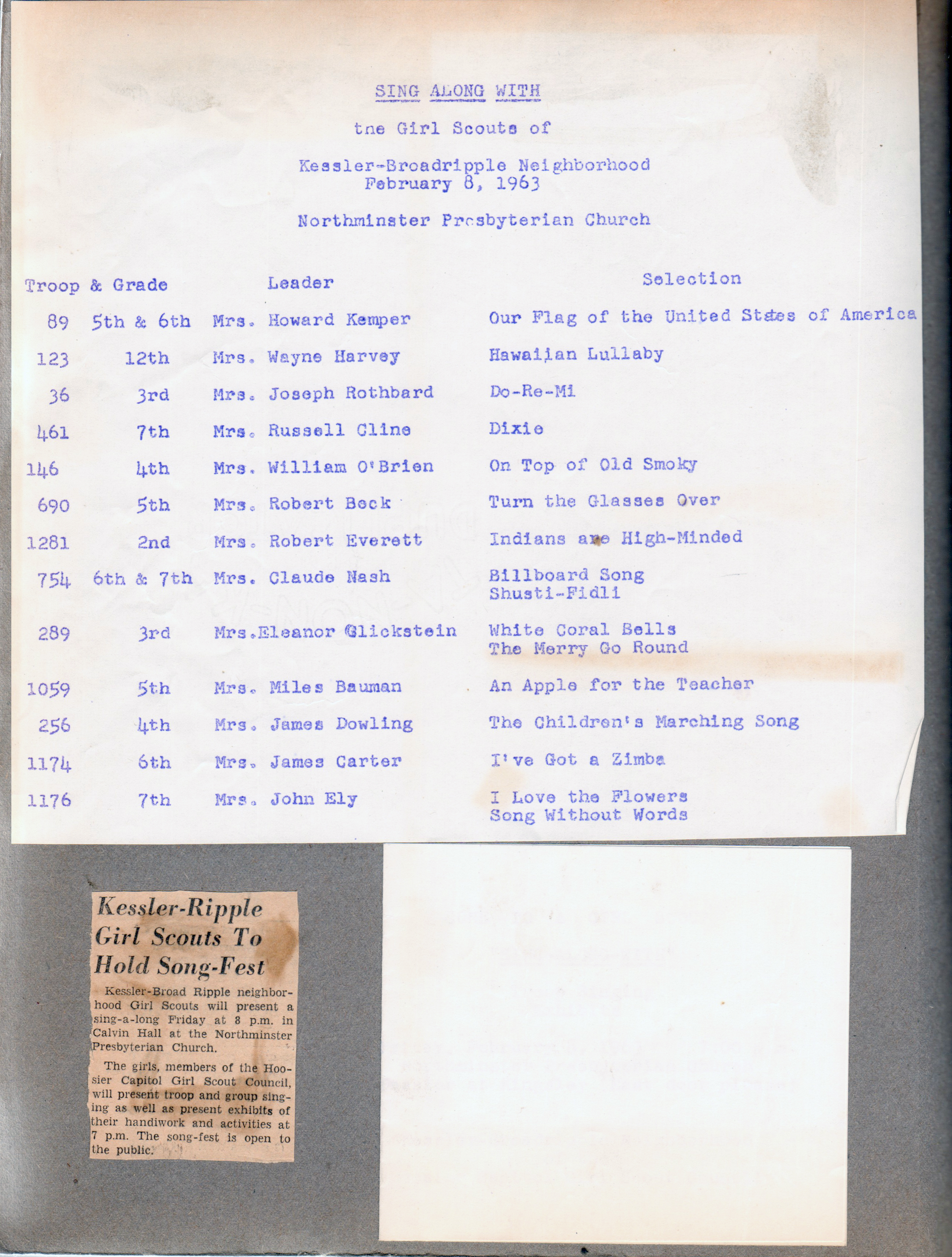 Girl Scouts Sing Along at Northminster program. Newspaper clipping for sing along.
