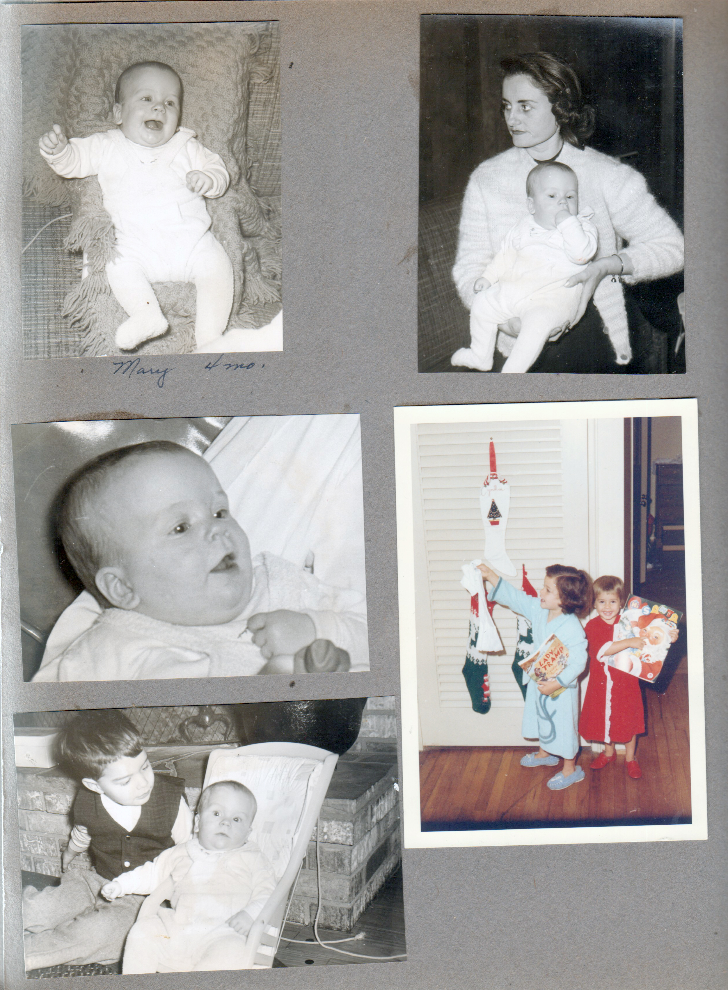 Mary Hague 4 mo. Rosemary and Mary. Cindy and Carole Morgan with stockings. Alan and Mary.