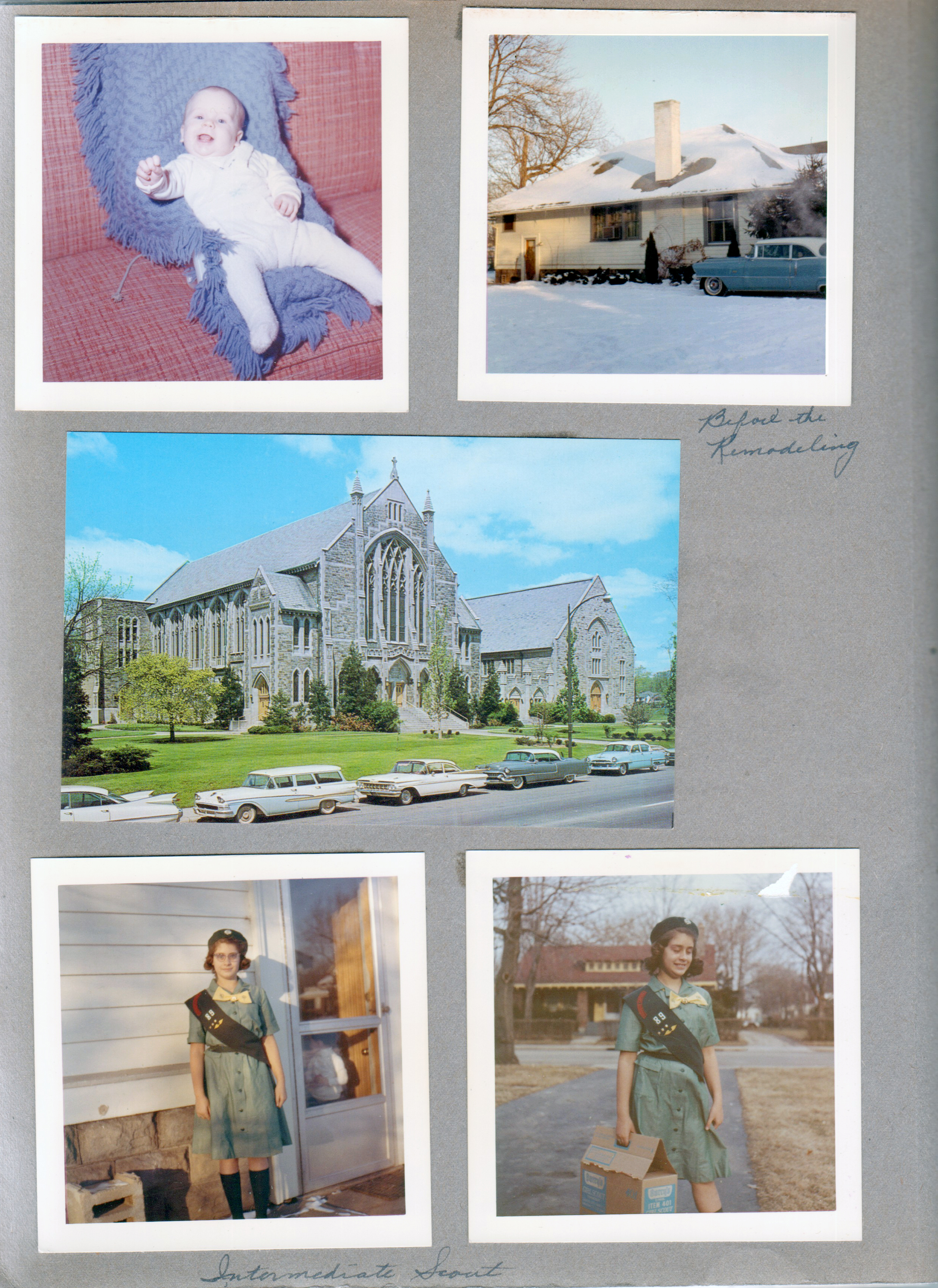 Mary Hague. 6122 south side of house before the remodeling. Postcard - North United Methodist Church. Susan in Girl Scout uniform at 6122 by back door, in driveway with cookie tote.
