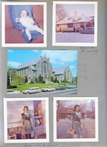 Mary Hague. 6122 south side of house before the remodeling. Postcard - North United Methodist Church. Susan in Girl Scout uniform at 6122 by back door, in driveway with cookie tote.