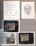 Bonnie Barrick Recognition Dinner invite. Portrait Ila Meyers. TV screen - York Begeman on Kindergarten College.