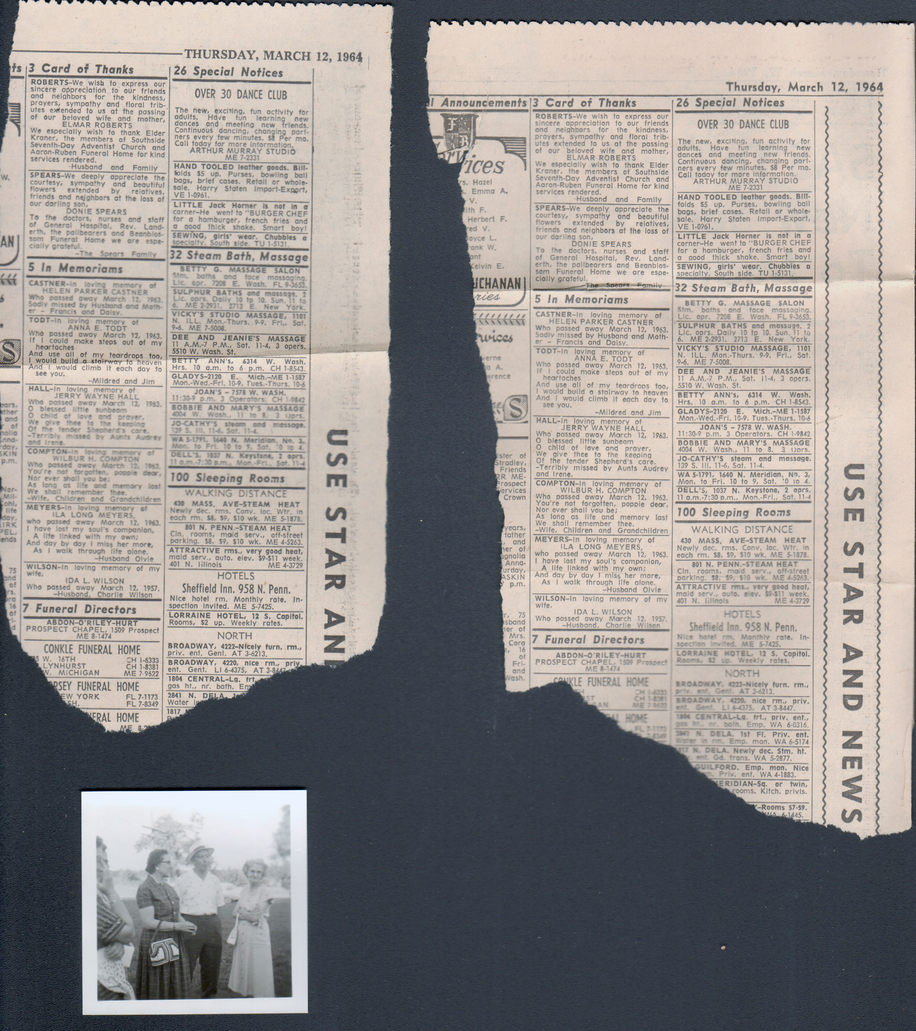 newspaper clipping Ila Meyers obit. Ila Meyers, Russell Roberts and Edith Spaulding