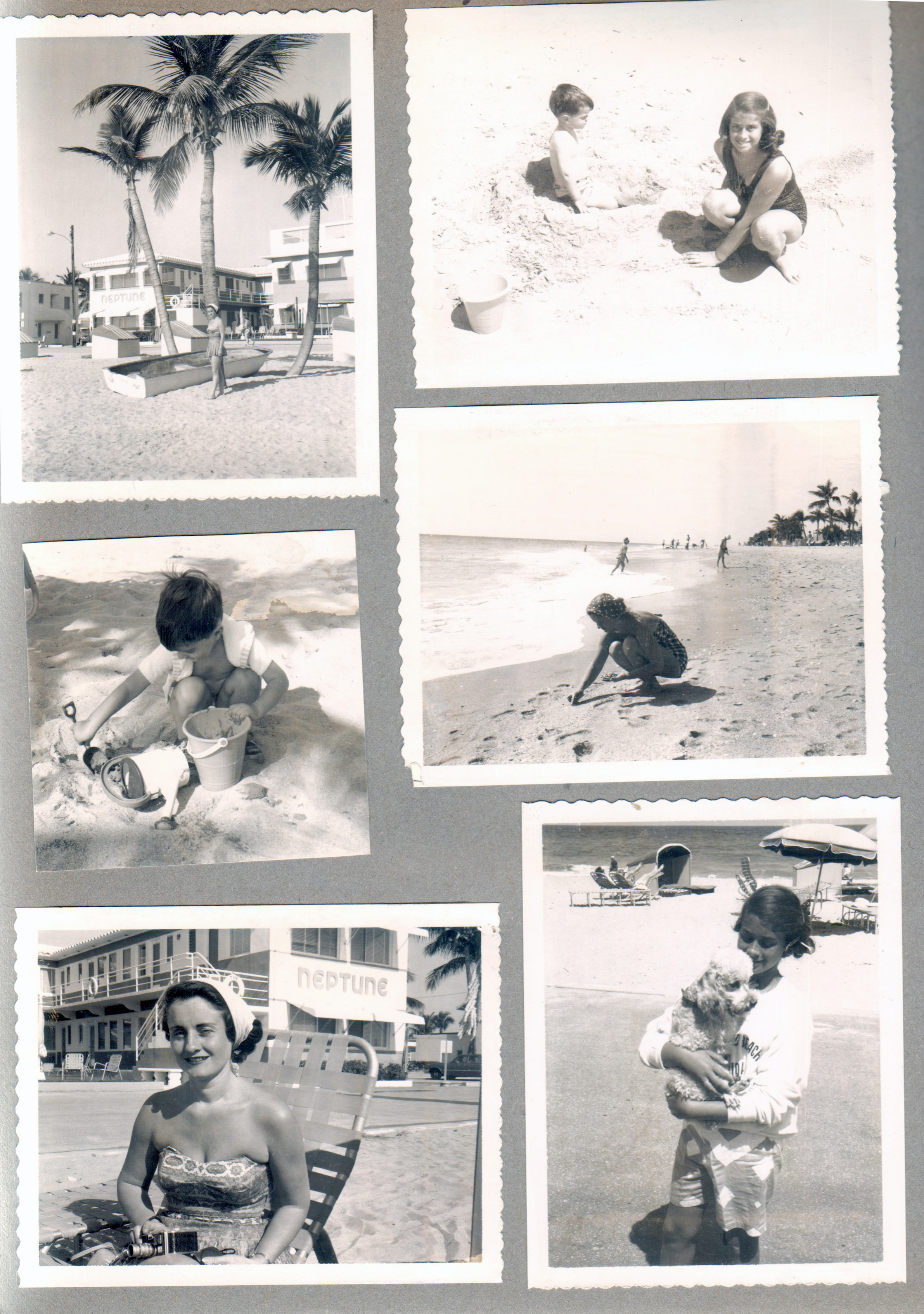 Hollywood Beach Neptune Apartments - Neptune from beach - boat on sand. Alan and Susan on beach, Rosemary lounge chair, north wing of Neptune. Susan and Dog on broadwalk.