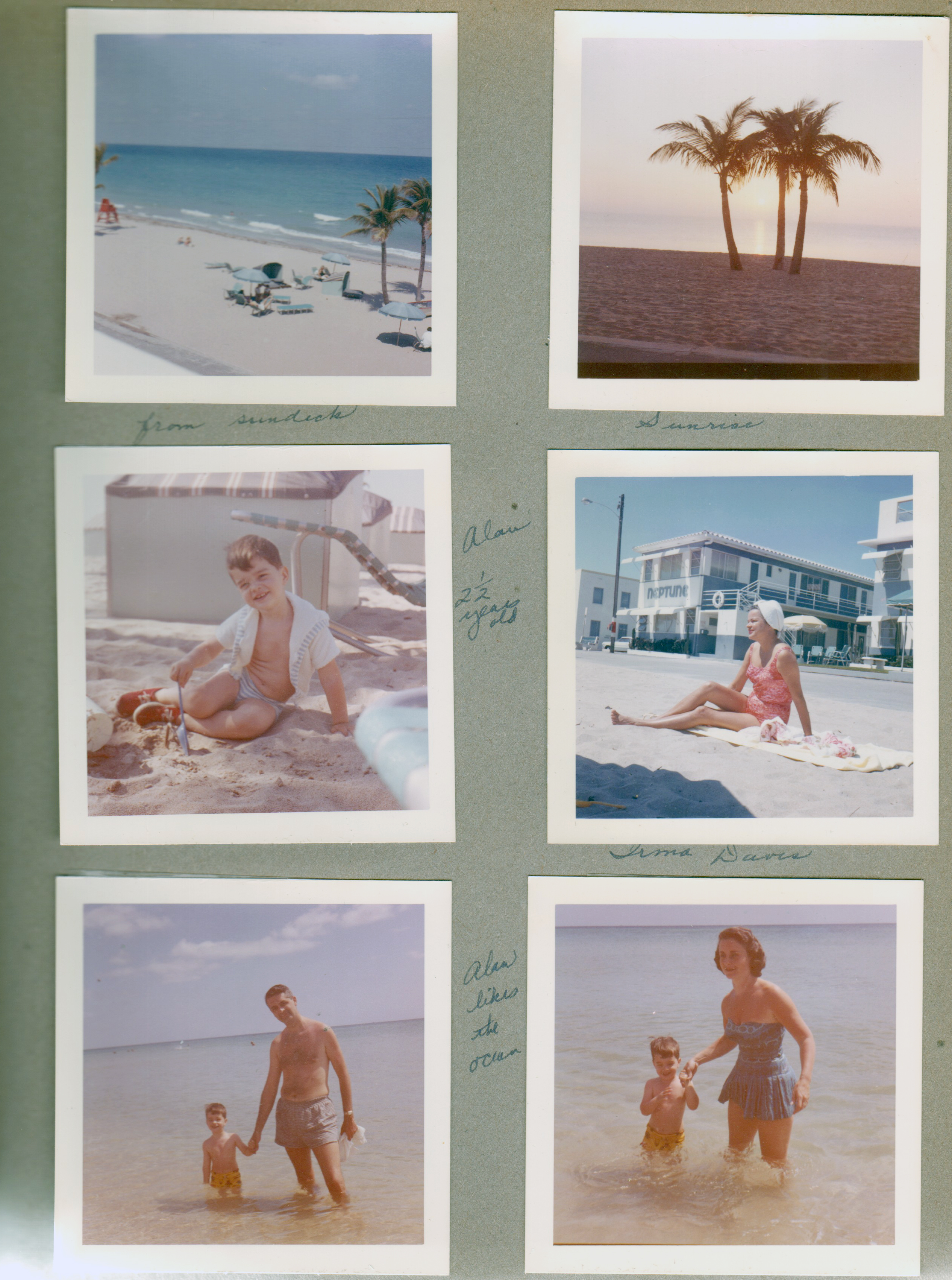 Hollywood Beach Neptune Apartments - beach from sundeck. Palm trees sunset. Alan 2 1/2. Irma Davis. Alan and John and Rosemary in water.