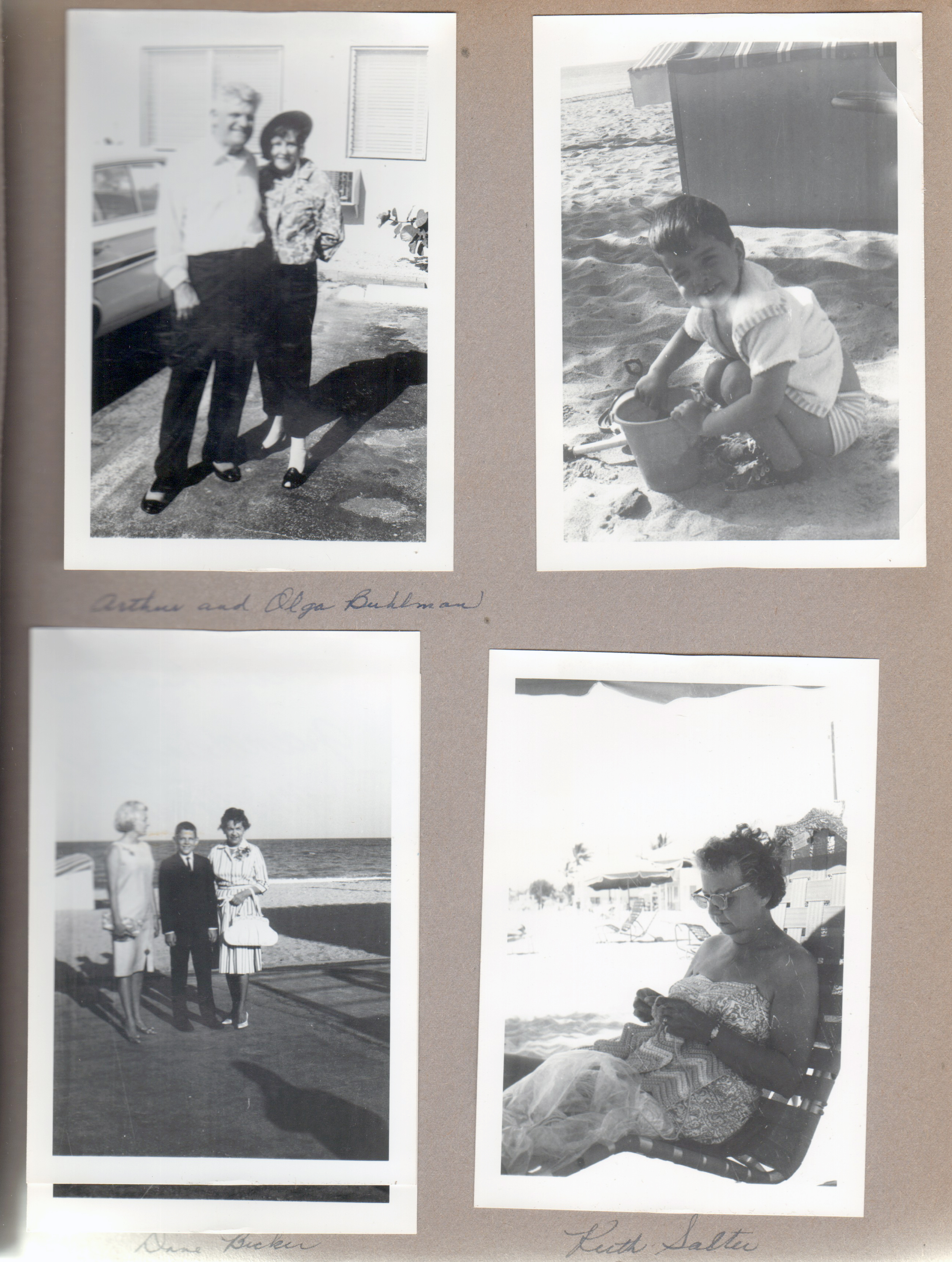 Hollywood Beach Neptune Apartments - Arthur and Olga Buhlman in parking lot. Alan on beach. Dave Becker (grandson of the Undersaws(?)). Ruth Salter.