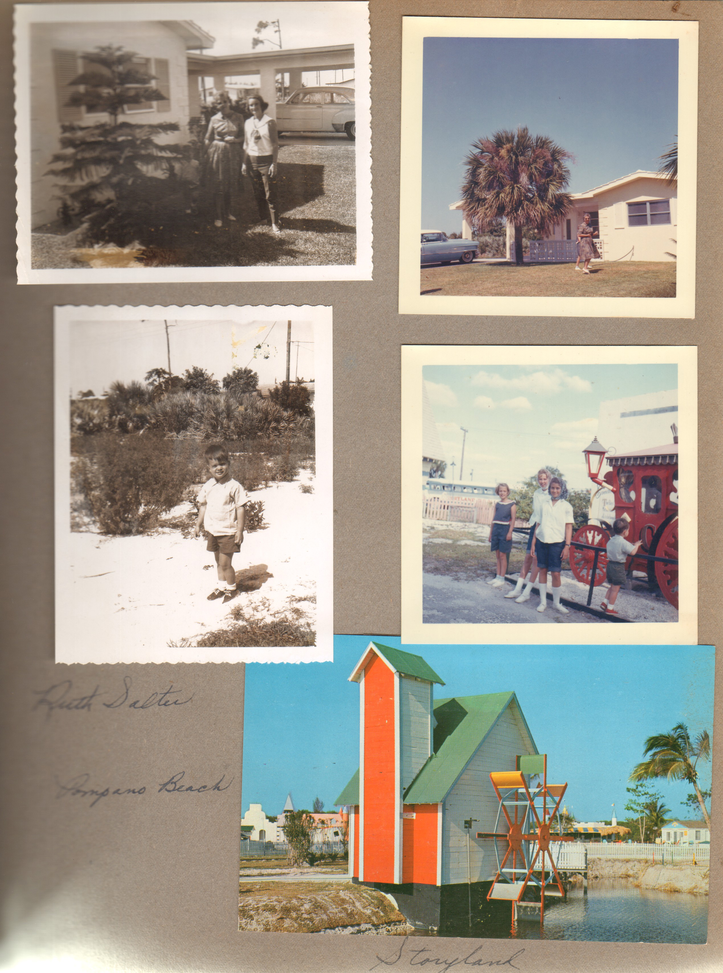 Probably Ruth Salter's house. Ruth and Rosemary. Alan. Susan and Alan at train. Pompano Beach Storyland Old Red Mill postcard