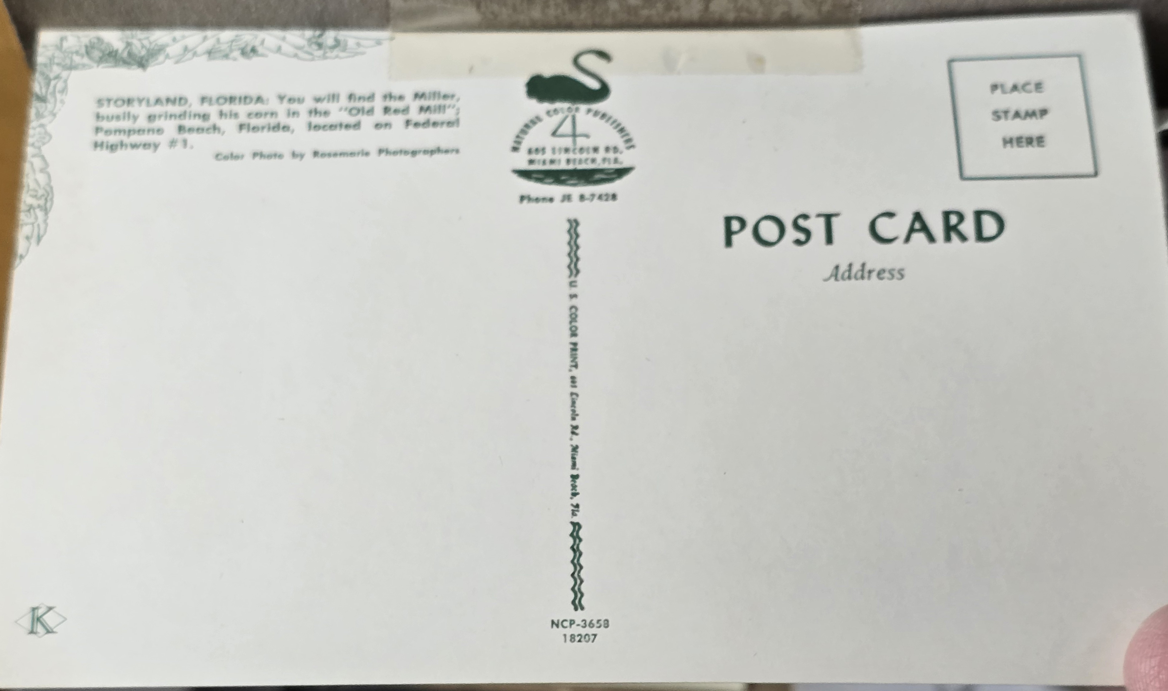 Pompano Beach Storyland Old Red Mill postcard back NCP-3658 18207