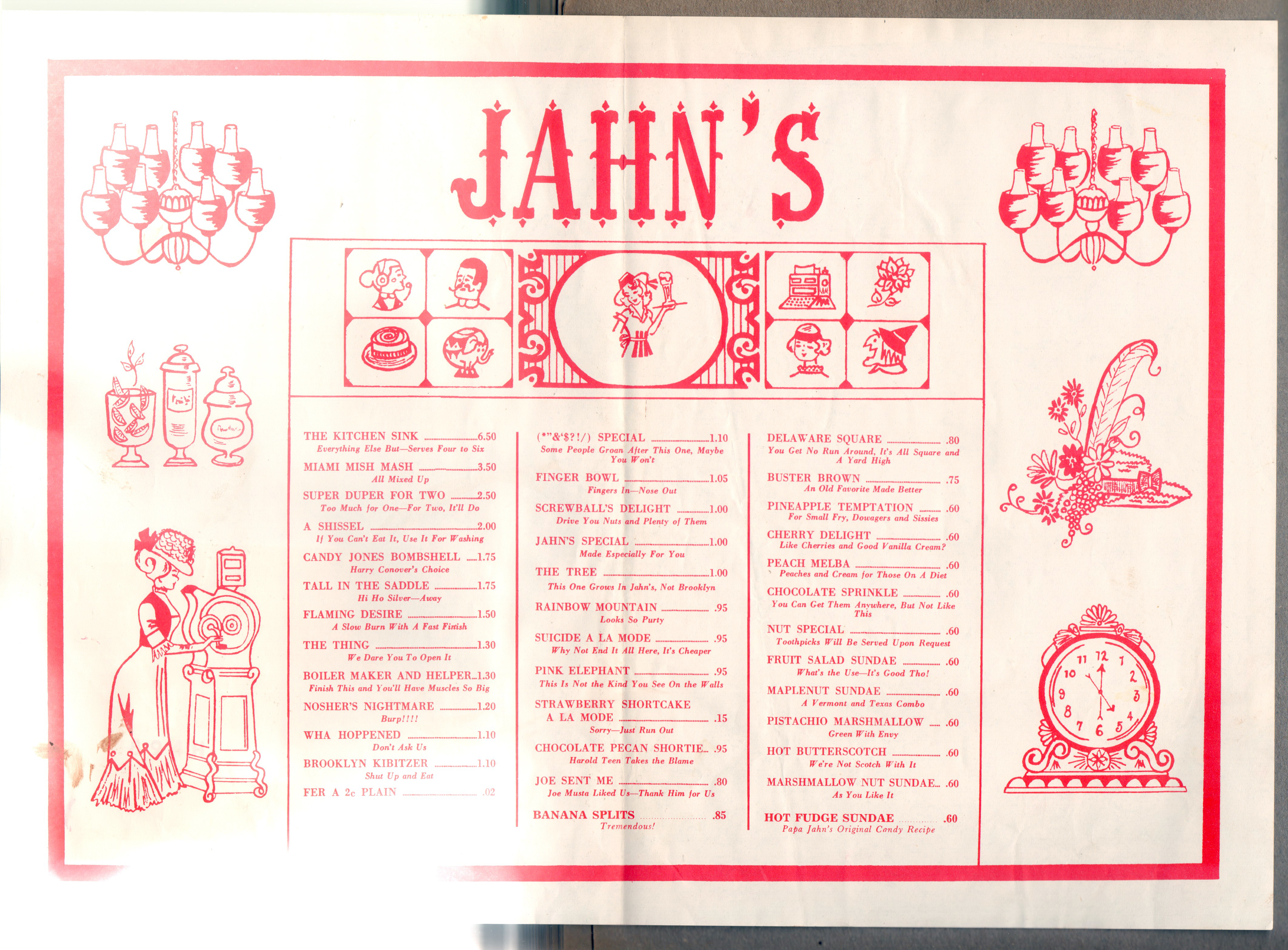Jahn's Ice Cream Parlor placemat menu