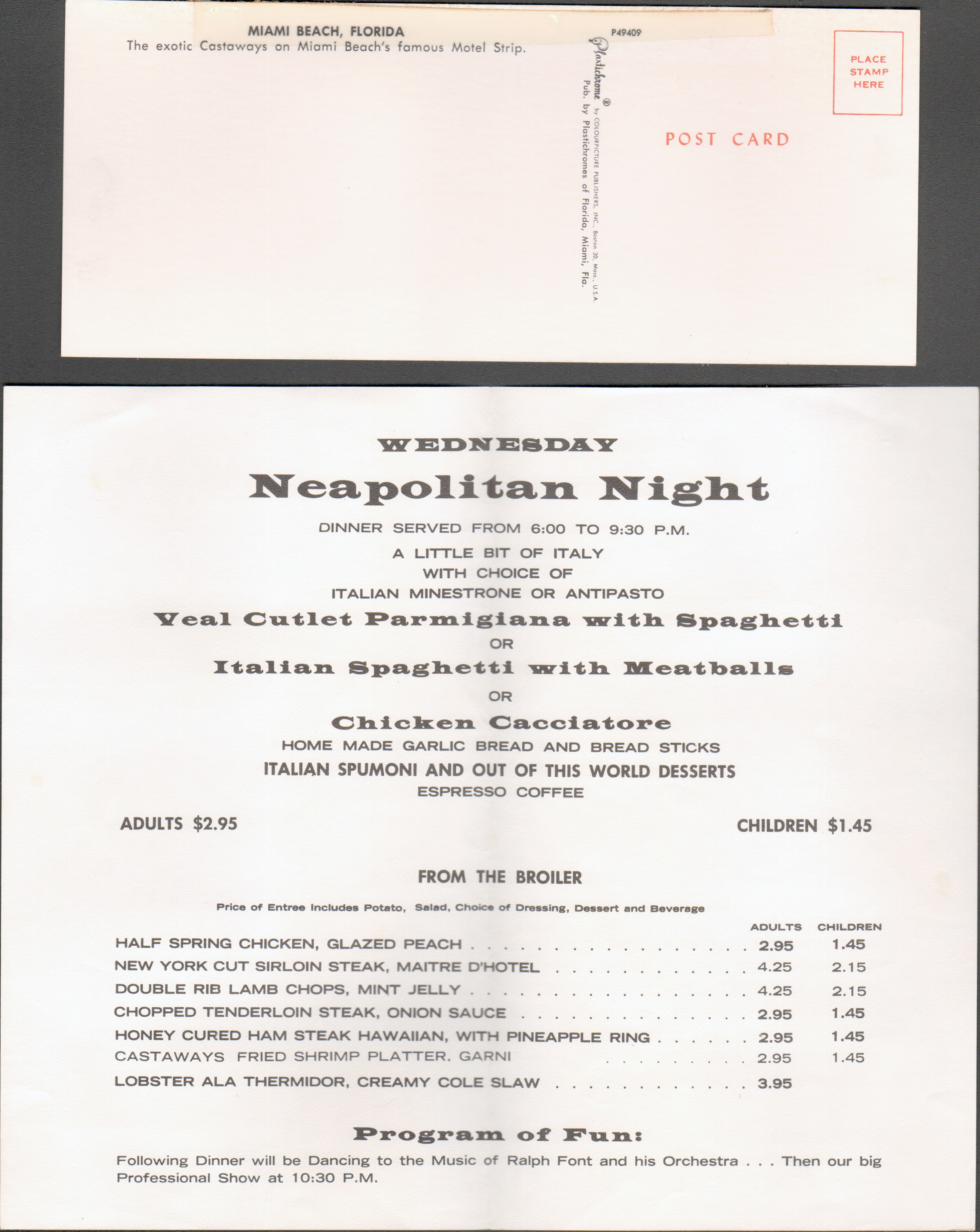 The Castaways - Miami Beach - postcard P49409 and menu Neapolitan Night Wednesday