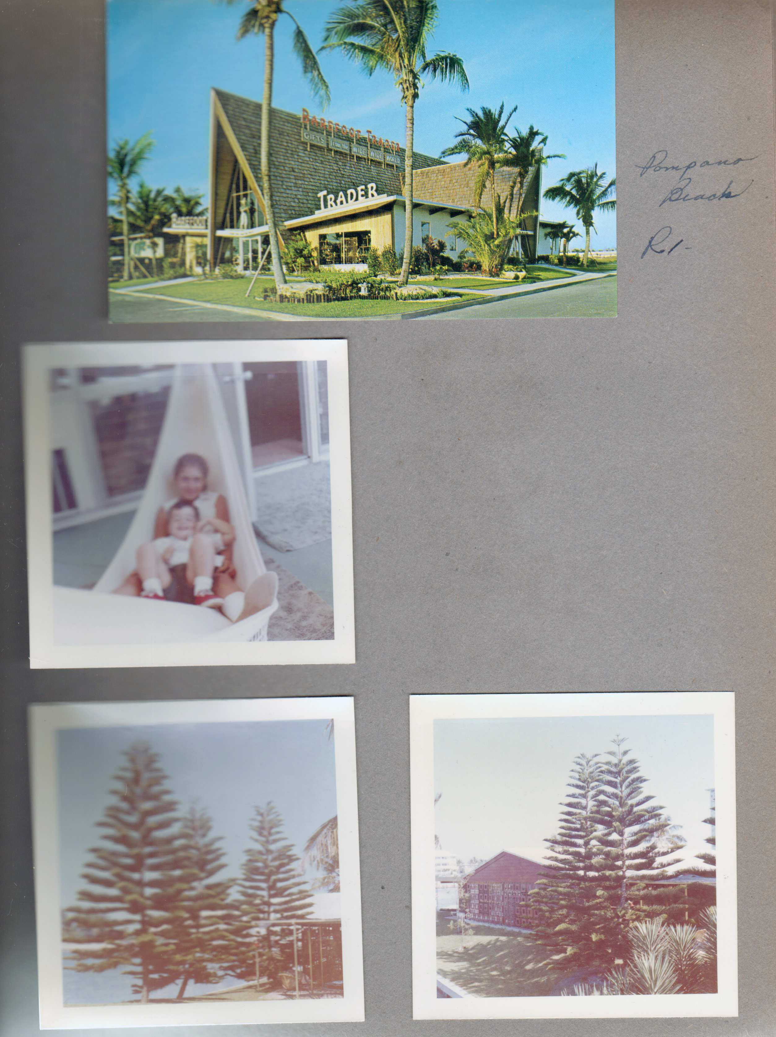 Postcard 59853 - Barefoot Trader - Pompano Beach. Susan and Alan in hammock. Palms in yard.