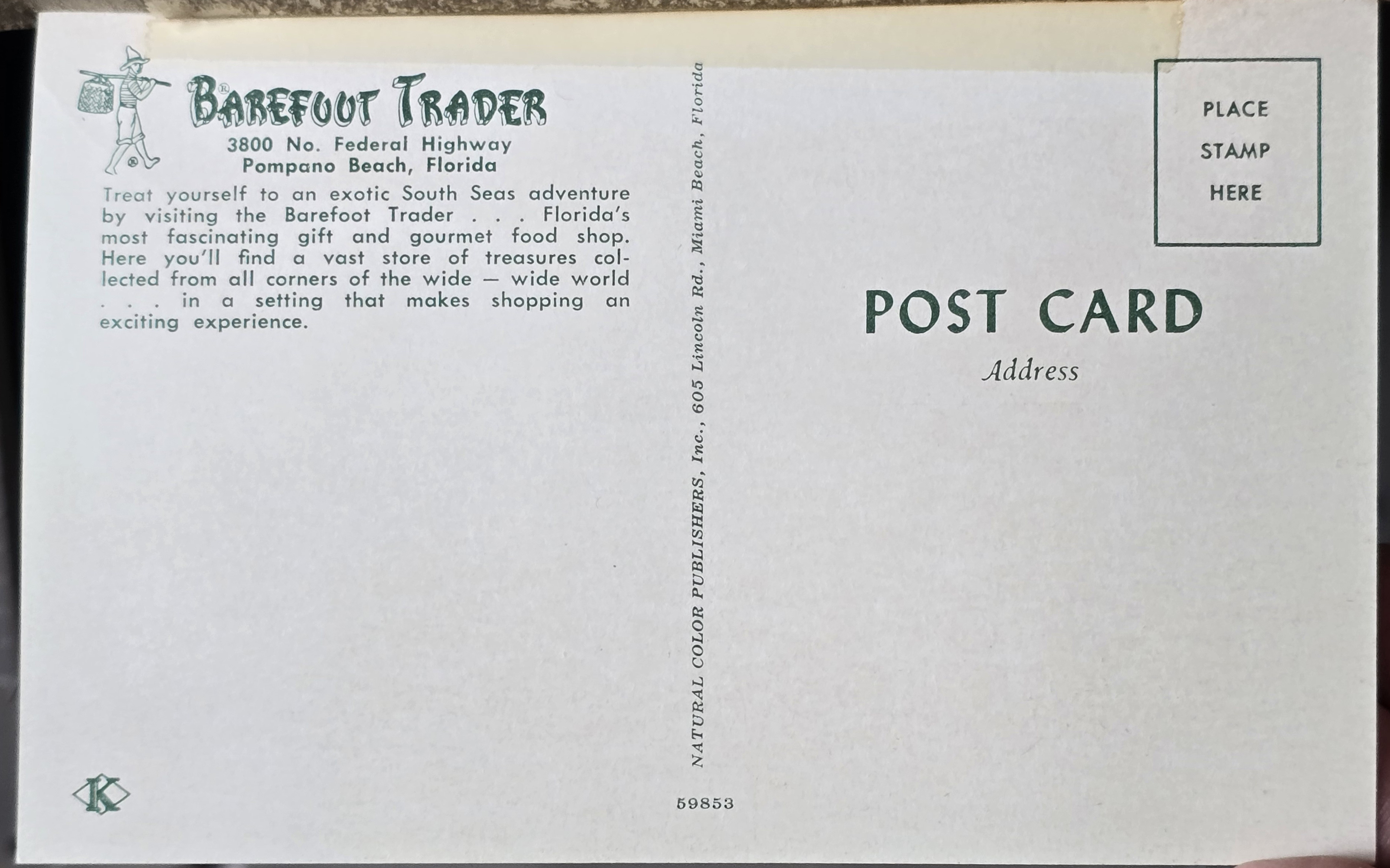 Postcard back 59853 - Barefoot Trader - Pompano Beach