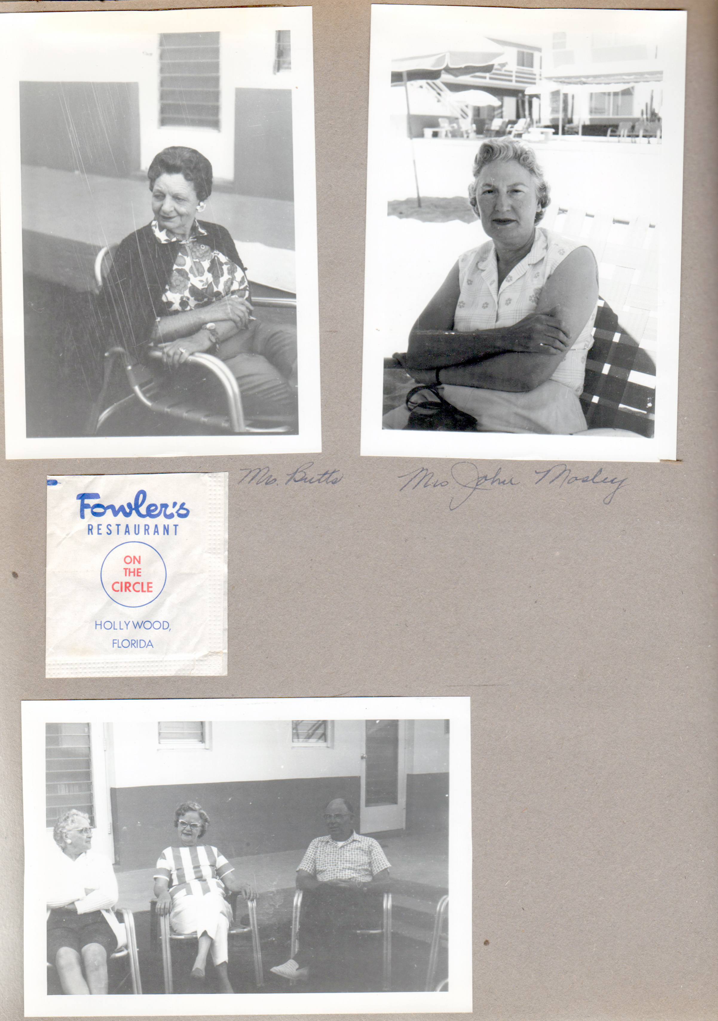 Hollywood Beach Neptune Apartments - Mrs Butts. Mrs John Mosley. Fowler's Restaurant on the circle Hollywood - sugar packet. Three people in courtyard.