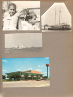Susan and Alan with life vests. Large sailboat. Skyline from water. Postcard - Florida State Turnpike C51 P50761.