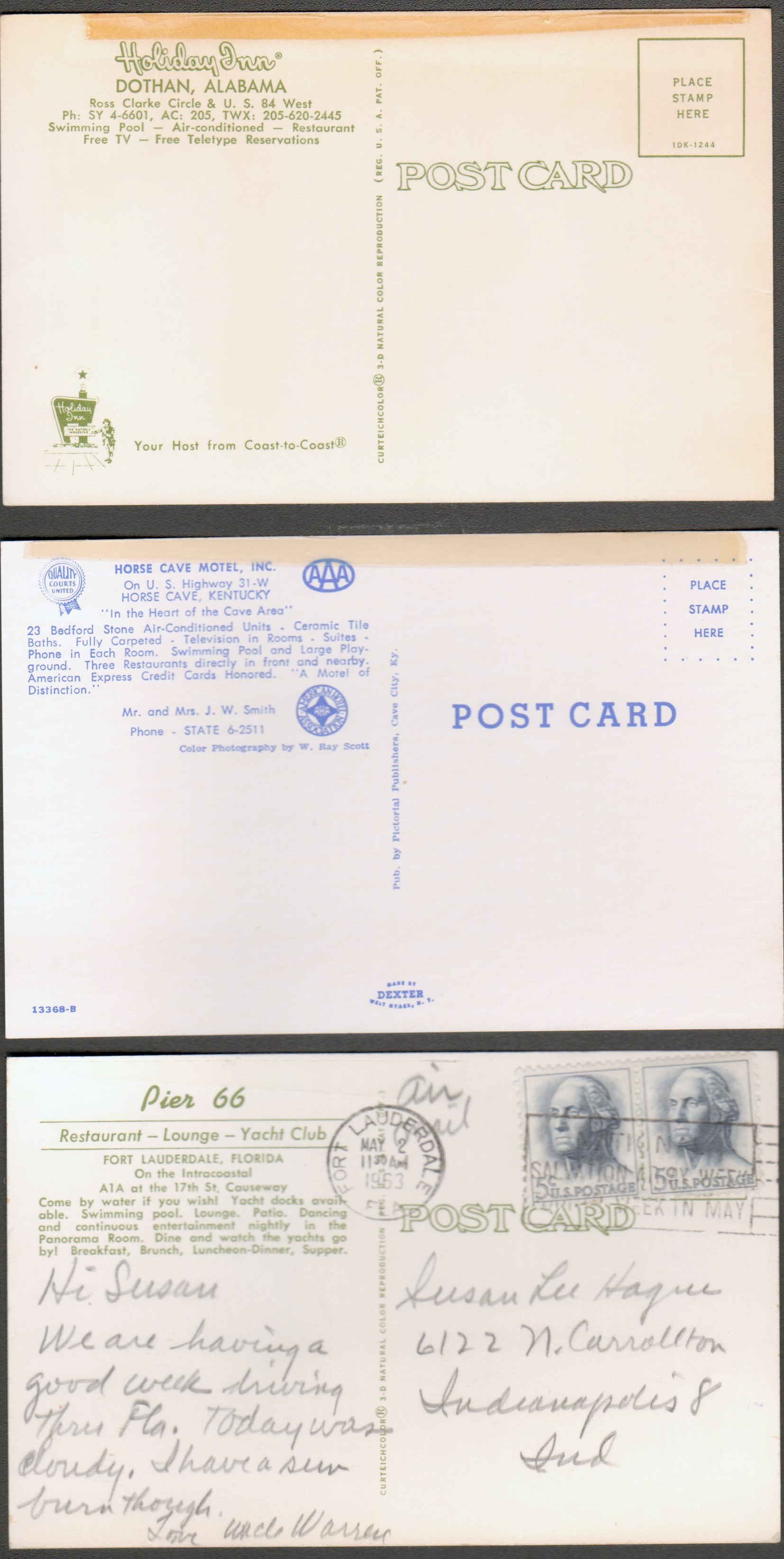 Postcard back 1DK-1244 - Holiday Inn - Dothan, Ala. Postcard back 13368-B - Quality Courts Horse Cave Motel - Horse Cave, KY. Postcard back - Pier 66 Ft Lauderdale