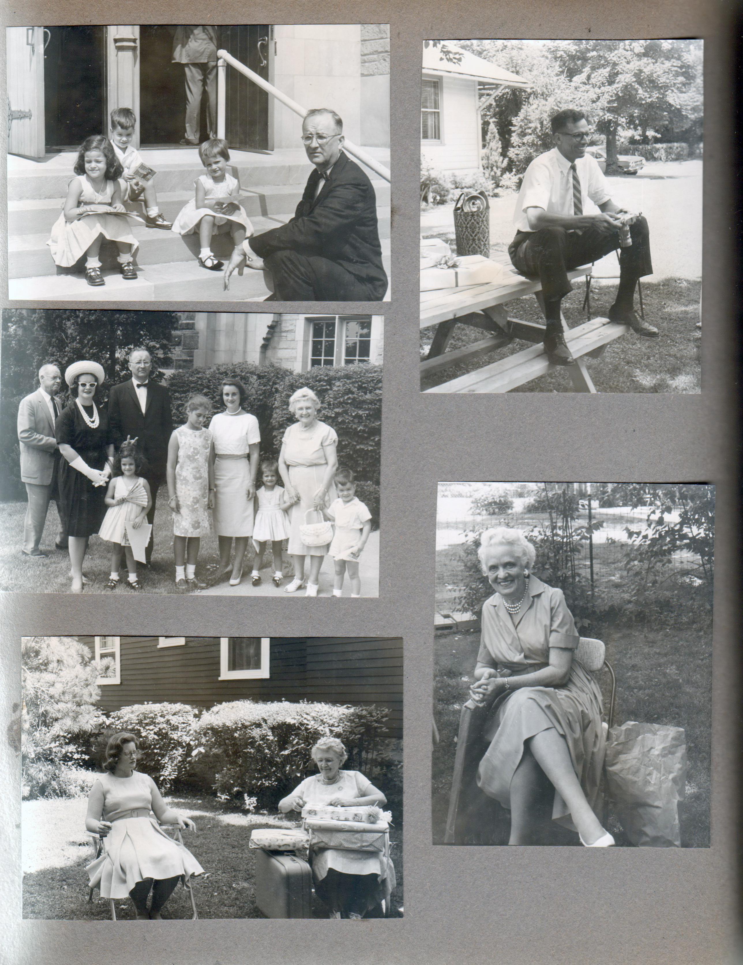 Cindy, Alan, Carole, Warren on steps at church. Bill Morgan on picnic table at 6122. Curt, Helen, Cindy, Warren, Susan, Rosemary, Carole, Vonnie, Alan at church. Helen Hague in yard. Helen Morgan and Vonnie Letsinger.