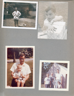 Rosemary in side card with camera stuff - probably to copy photos. Alan with present. Dave and Ronnie Letsinger. Susan, Edith Spaulding (?), John and Alan by playhouse.