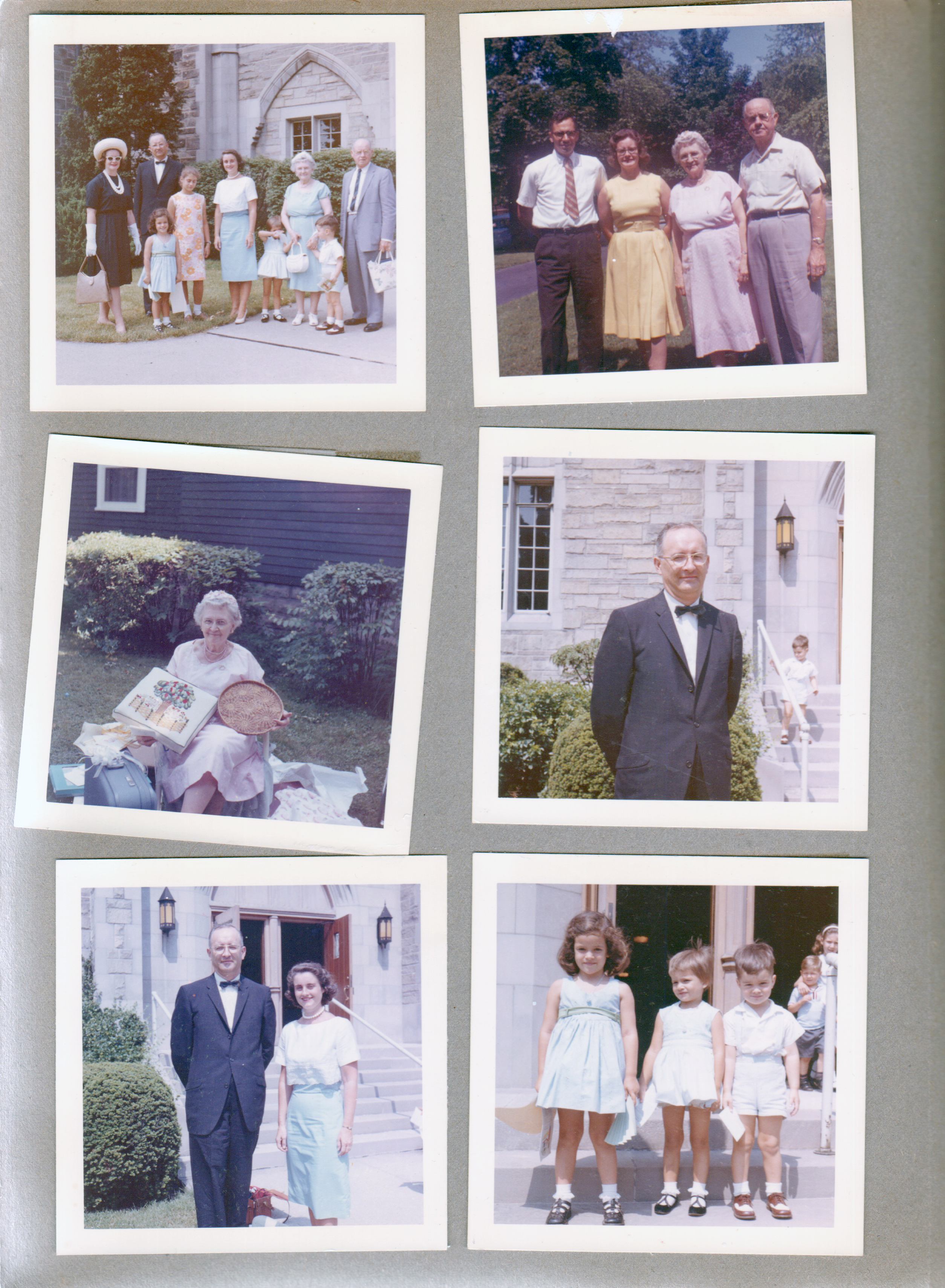 North United Methodist Church - Helen, Cindy, Warren, Susan, Rosemary, Carole, Vonnie, Alan, Curt at church, Bill, Helen, Vonnie, Curt. Vonnie with gifts at 6122 in yard. Warren at church. Warren and Rosemary at church. Cindy, Carole and Alan at church.