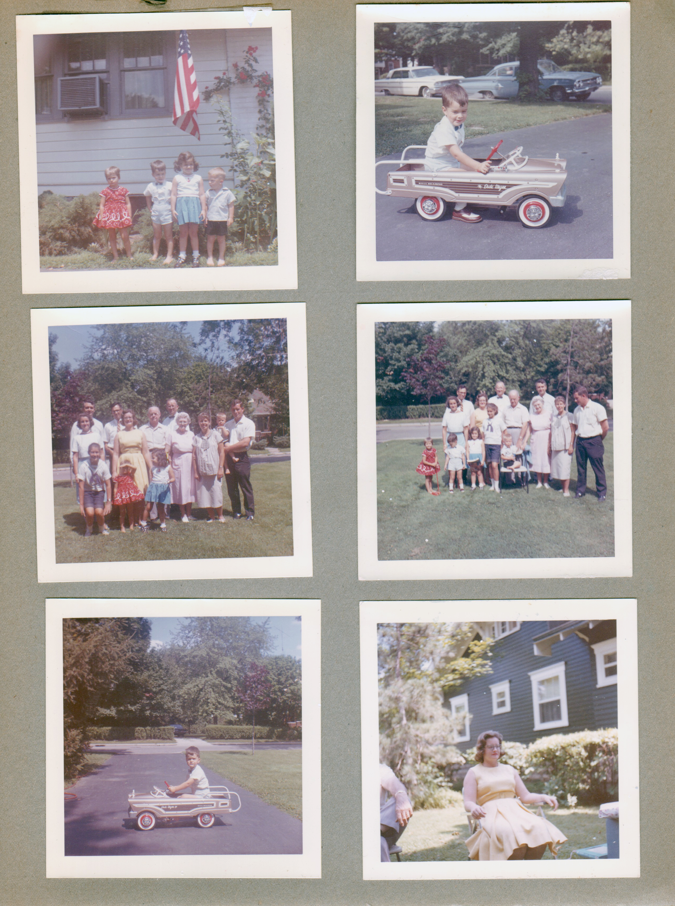 6122 yard - Carole, Alan, Cindy and Ronnie. Alan in pedal car. Rosemary, John, Susan,  Bill, Carole, Helen, Curt, Cindy, Warren, John, Vonnie, Betty, Ronnie, Dave.