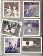 6122 yard - Cindy and Carole Morgan blowing bubbles. Susan and Carole with puppies at playhouse.