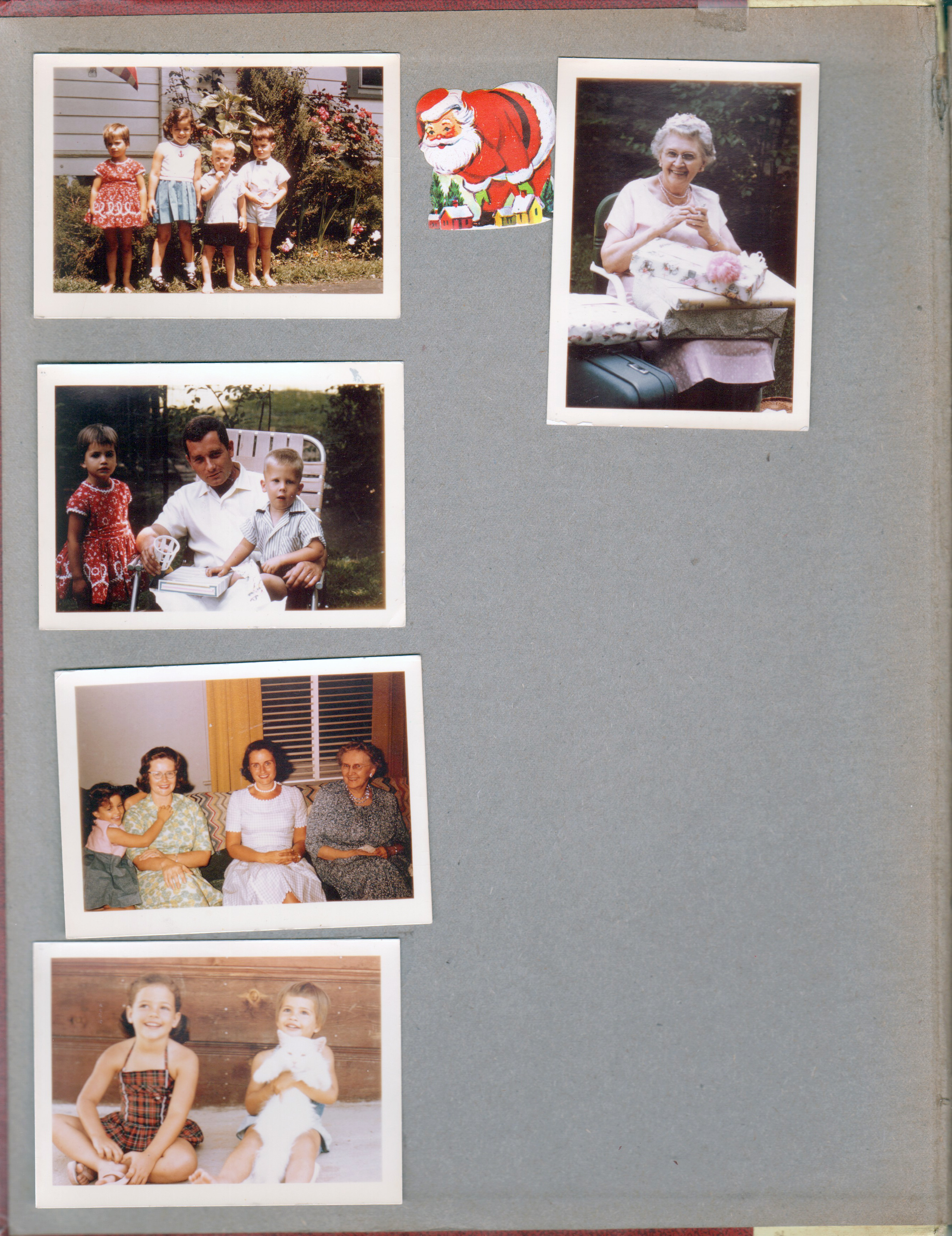 at 6122 - at rose bush - Carole, Cindy, Ronnie, Alan. Vonnie Letsinger gifts in yard. Carole and Ronnie with Uncle Dave in yard. Cindy, Helen, Rosemary, Vonnie on sofa. Cindy and Carole.